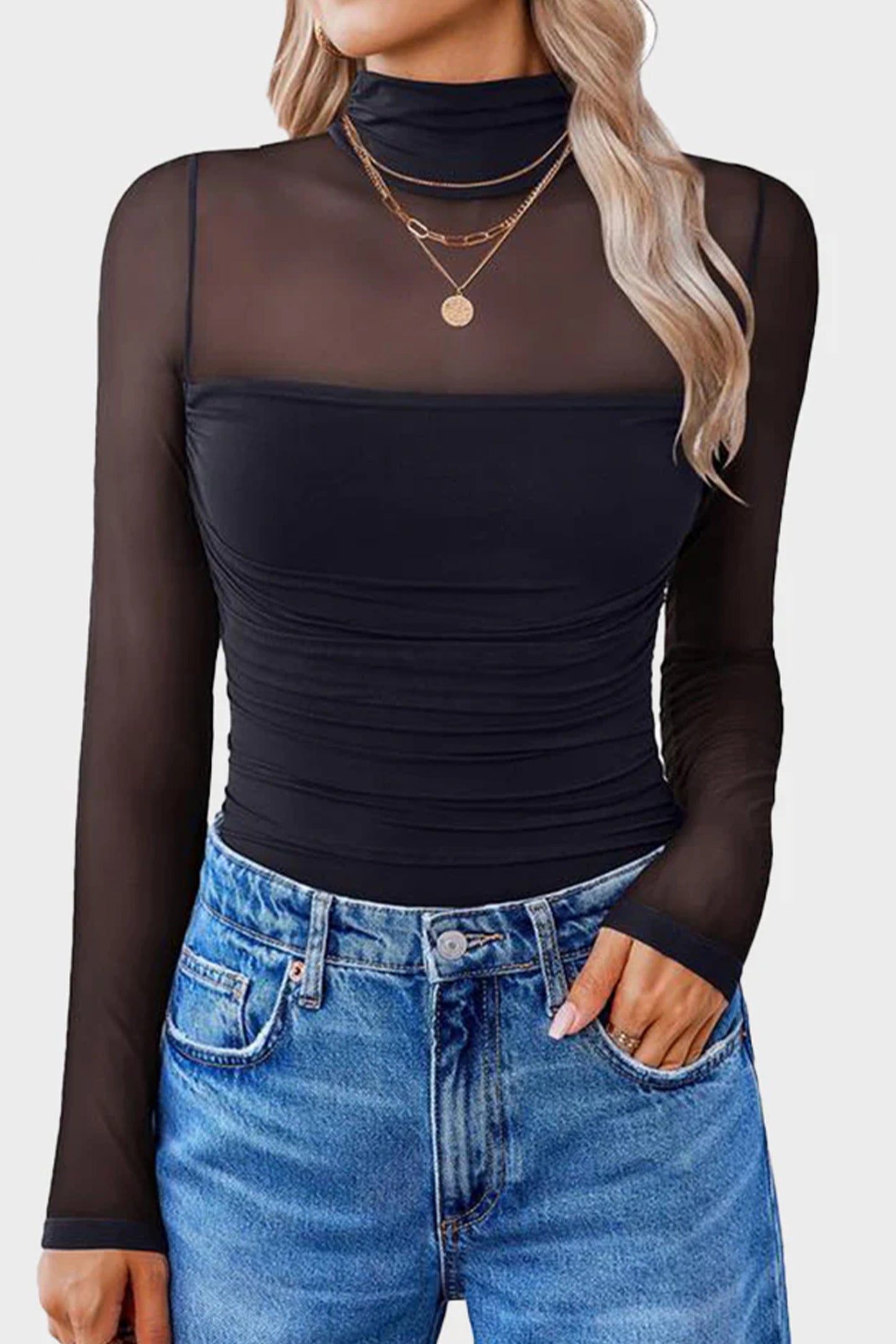 Fiery Red Sheer Mesh Patchwork High Neck Long Sleeve Top