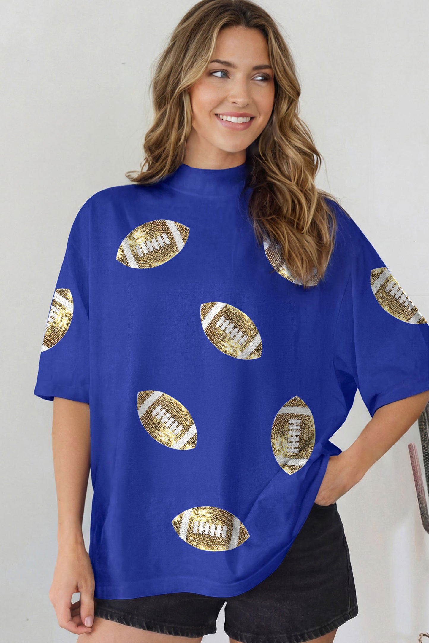 Dark Blue Sequin Rugby Pattern High Neck Game Day Shift T-Shirt