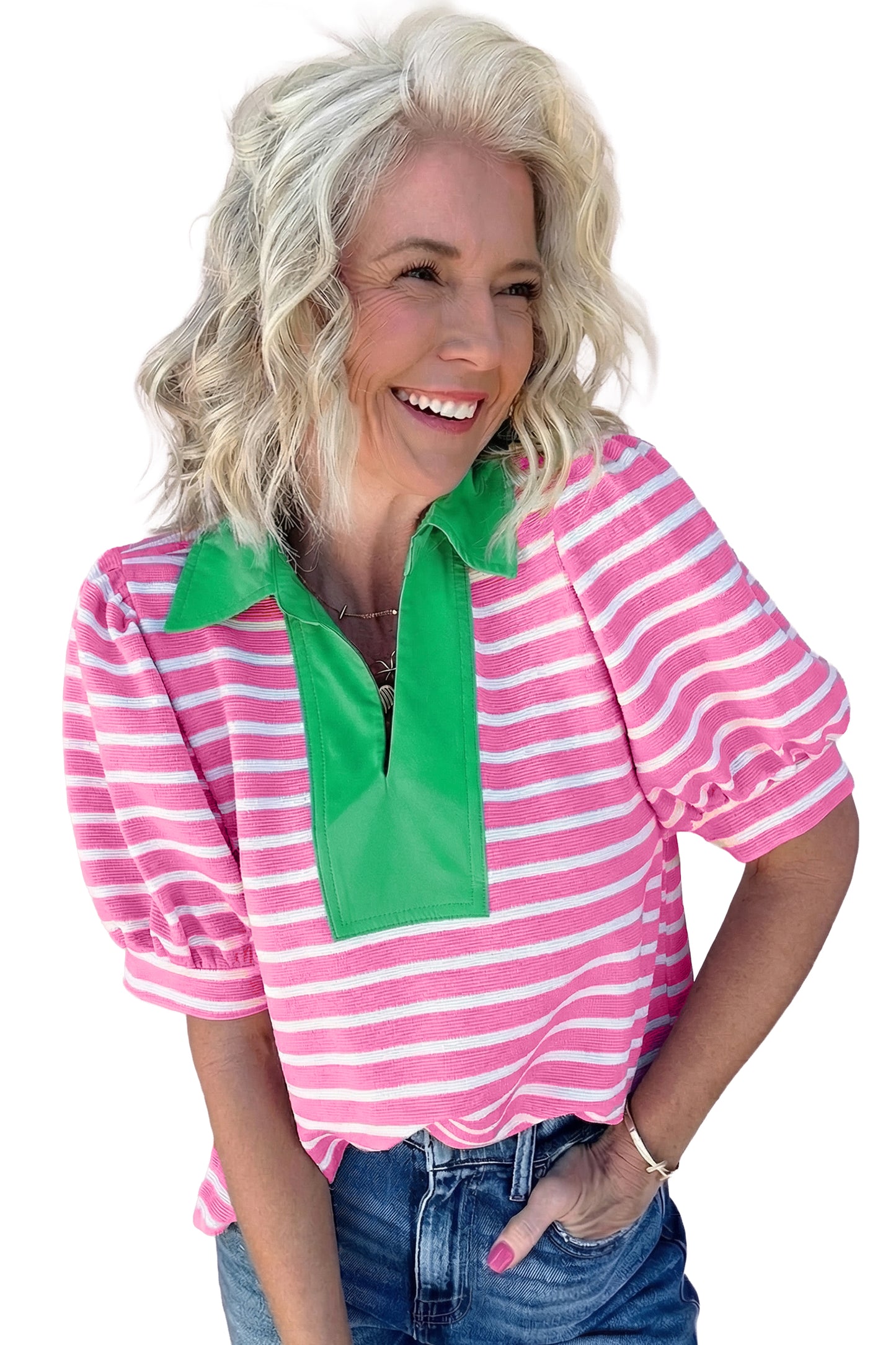 Blue Stripe Short Puff Sleeve Color Block Polo Collar Blouse