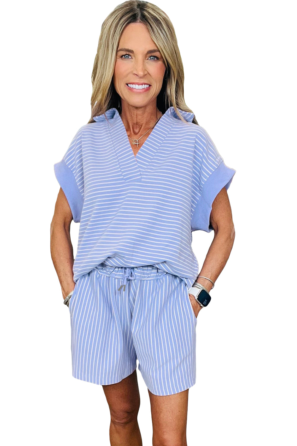 Purple Stripe Dolman Sleeve Polo Shirt and Drawstring Shorts Set