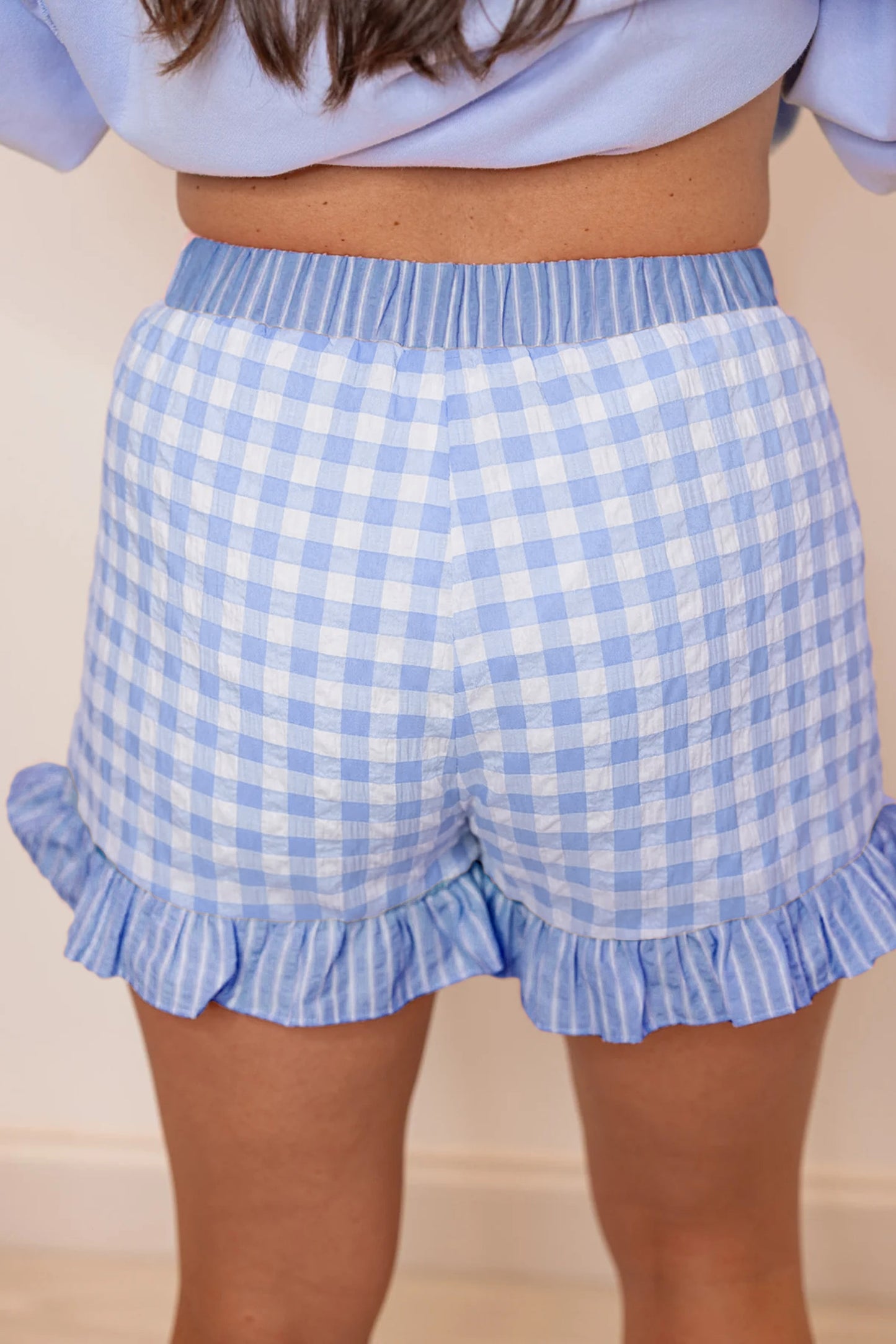 Red Gingham Print Ruffle Striped Detail Lace Tie Shorts