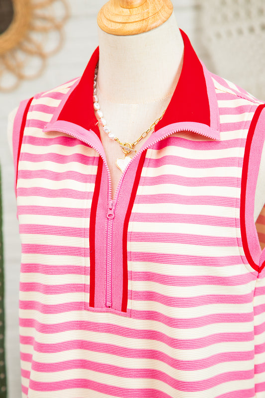 Sachet Pink Textured Stripe Print Contrast Trim Zip Collar Sleeveless 2pcs Skort Set