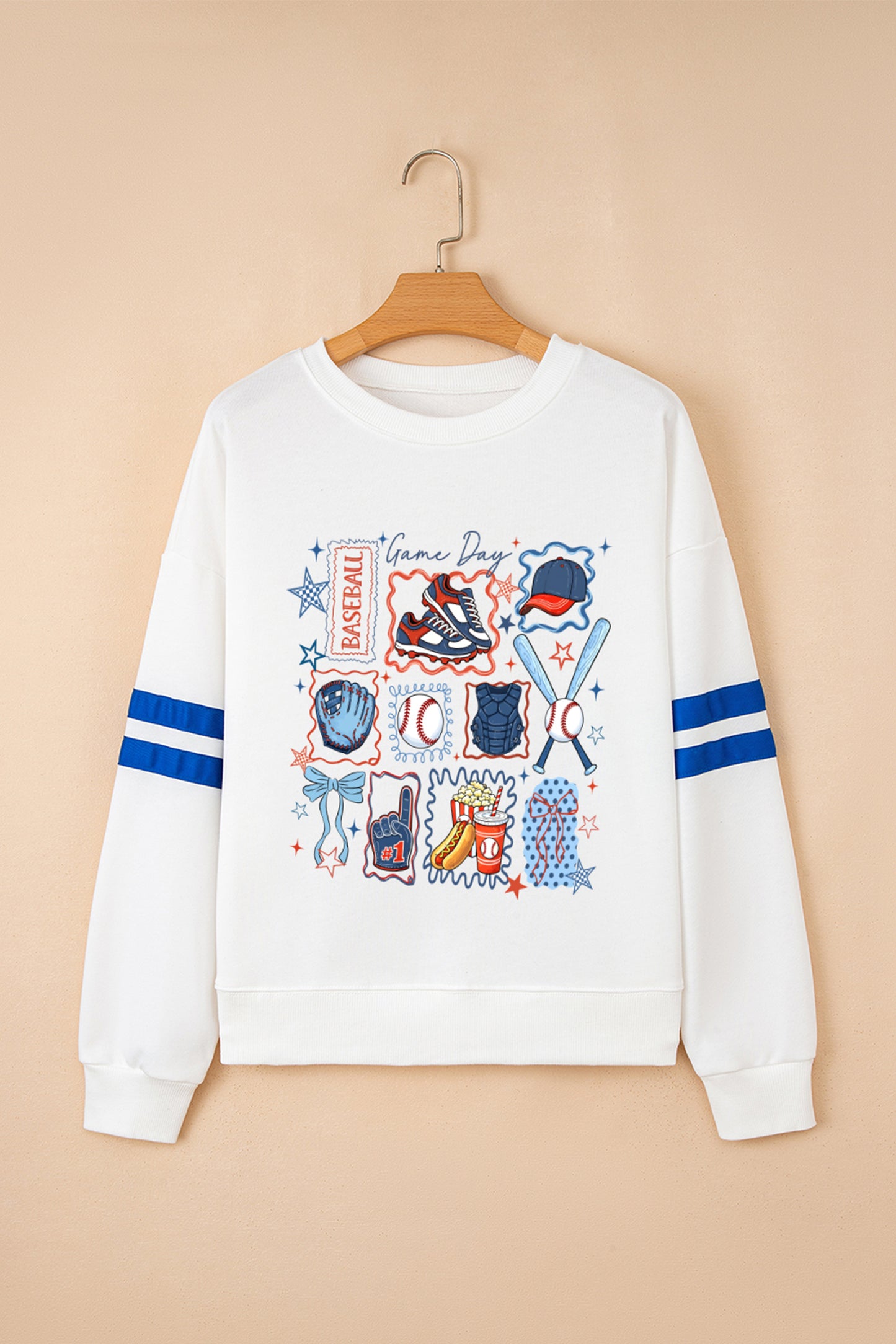 White Baseball Game Day Printed Varsity Striped Sweatshirt