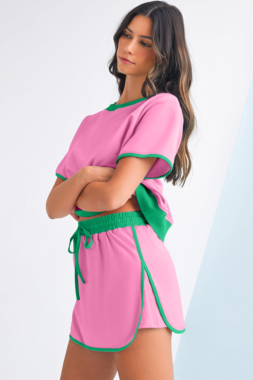 Moonlight Jade Colorblock Edge Drop Shoulder T Shirt and Skort 2Pcs Set