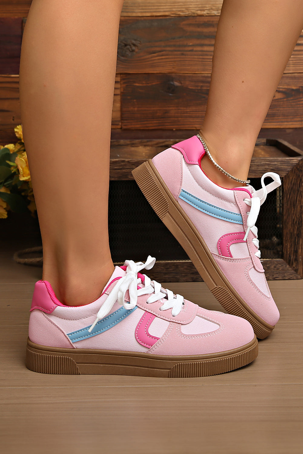 Rose Red Color Block Lace Up Sneakers