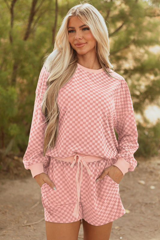 Pink Checkerboard Long Sleeve Pullover and Shorts Set