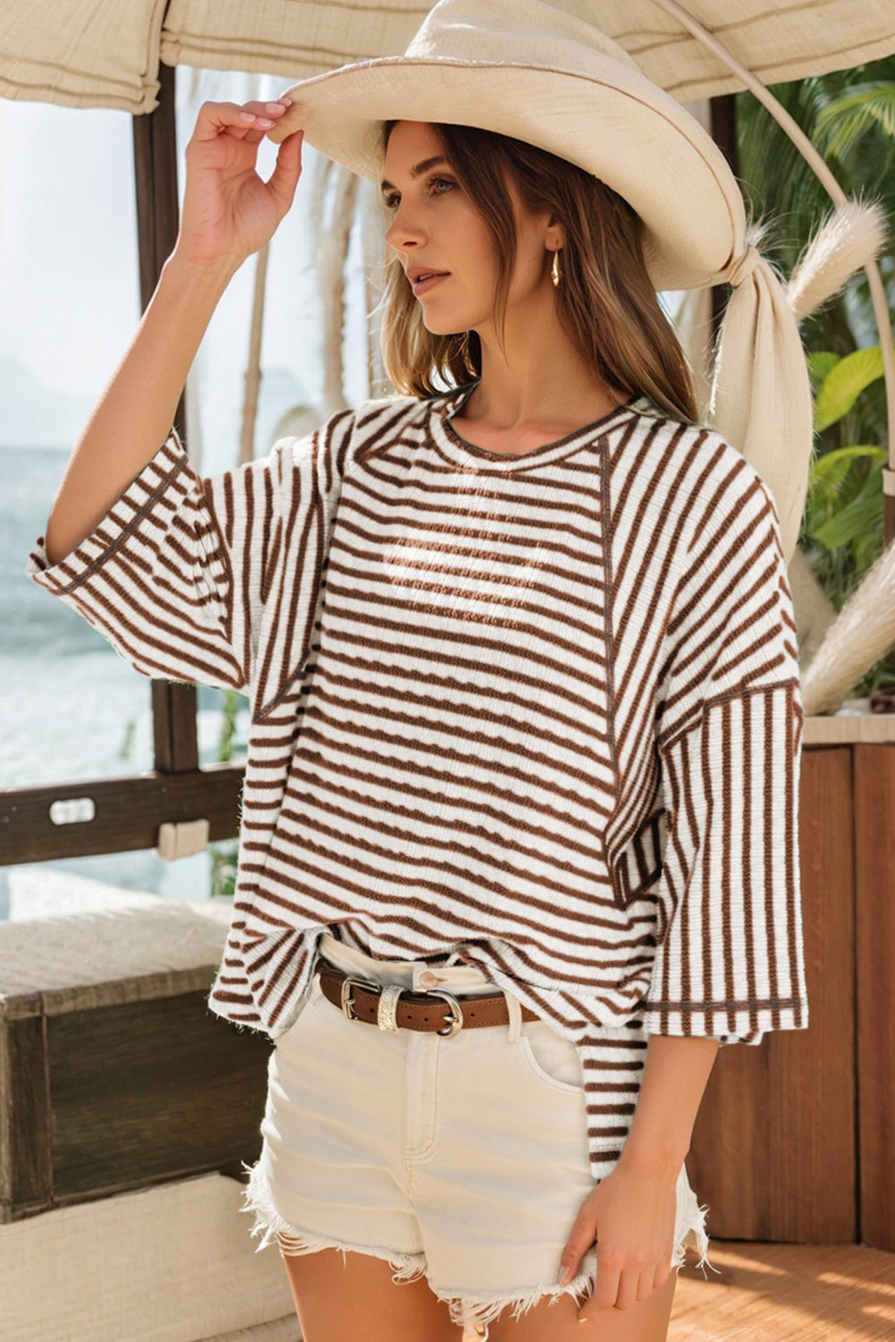 Blue Stripe Textured Knit Split Hem Half Sleeve Loose Top