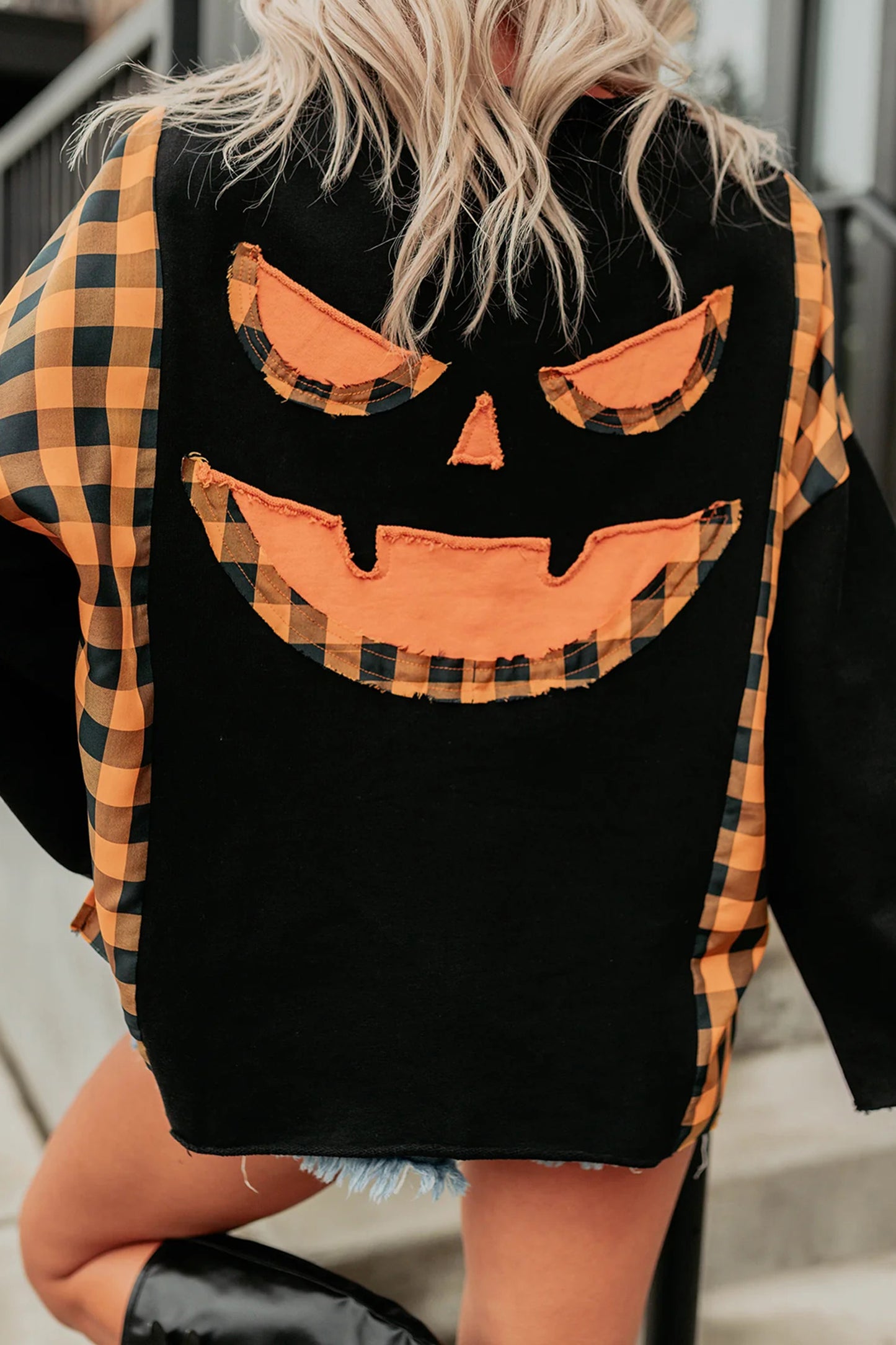 Black Patchwork Plaid Pumpkin Face Long Sleeve Top