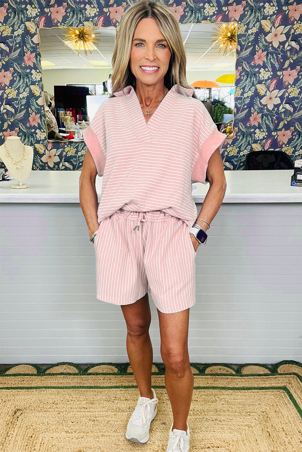 Purple Stripe Dolman Sleeve Polo Shirt and Drawstring Shorts Set