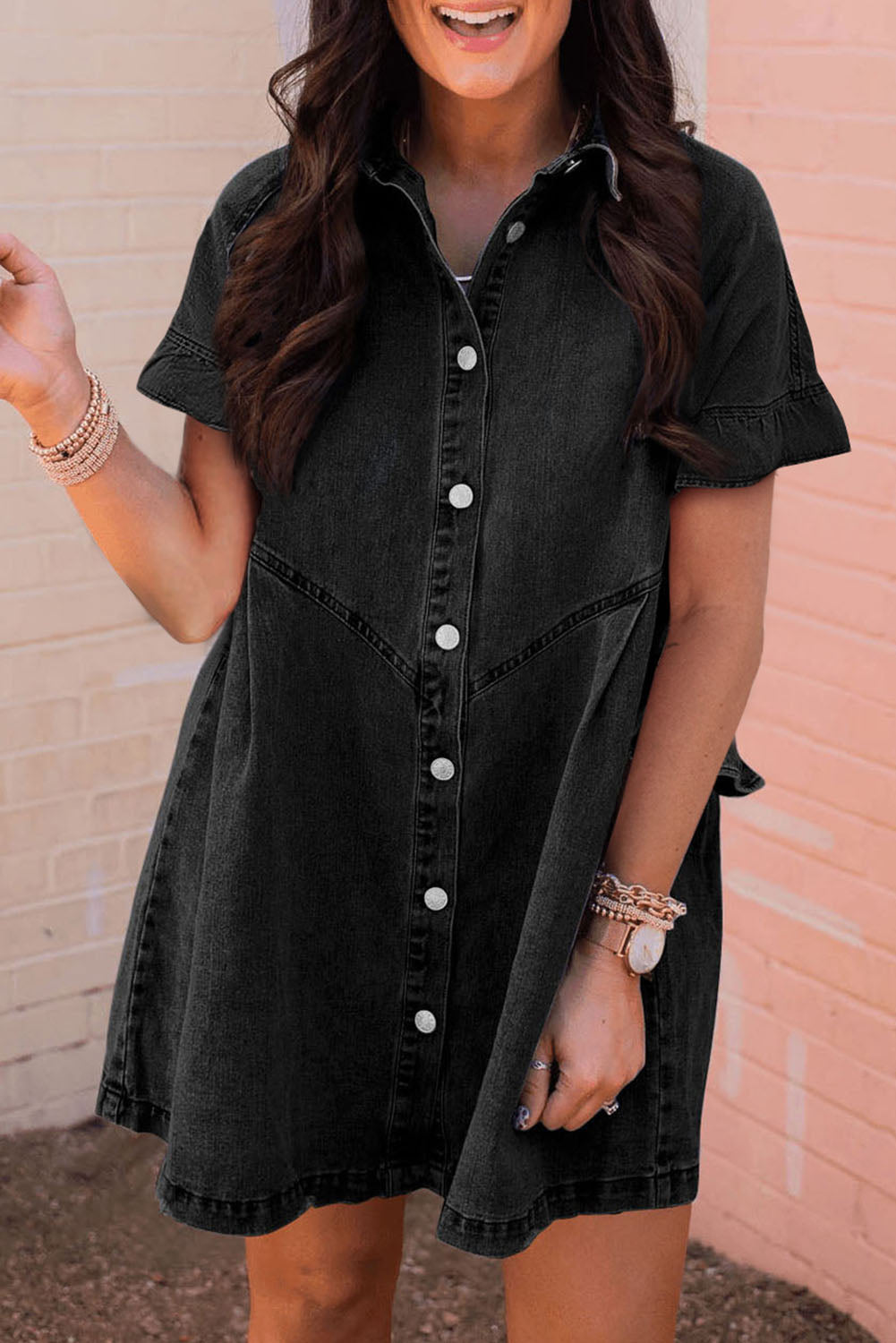 Dark Blue Short Sleeve Button Up Loose Denim Shirt Dress