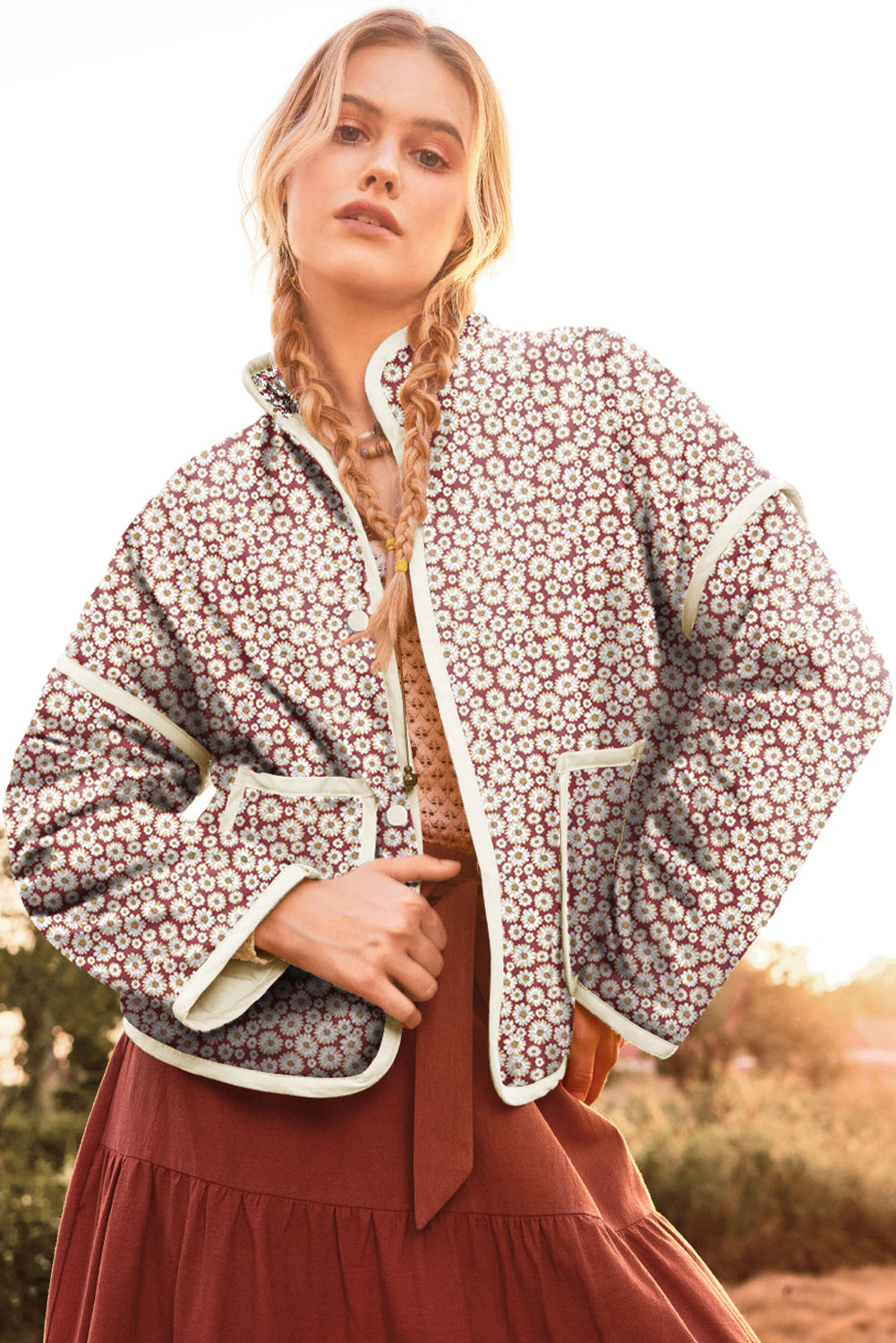 Pink Paisley Print Contrast Edge Pocketed Stand Neck Coat