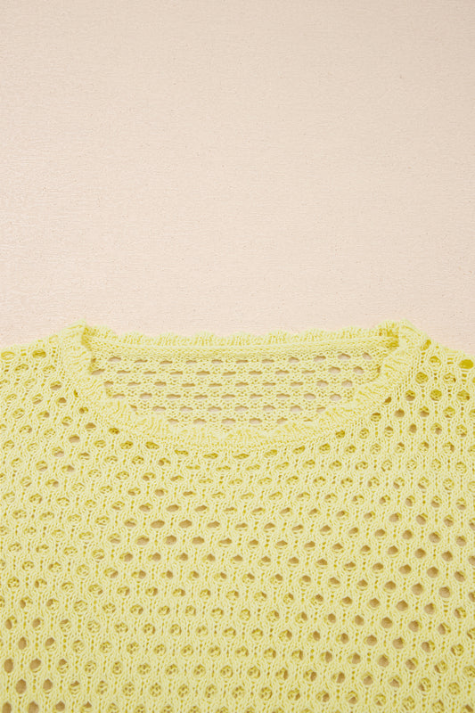 Yellow Cream Scalloped Trim Hollow Out Knit Long Sleeve Top