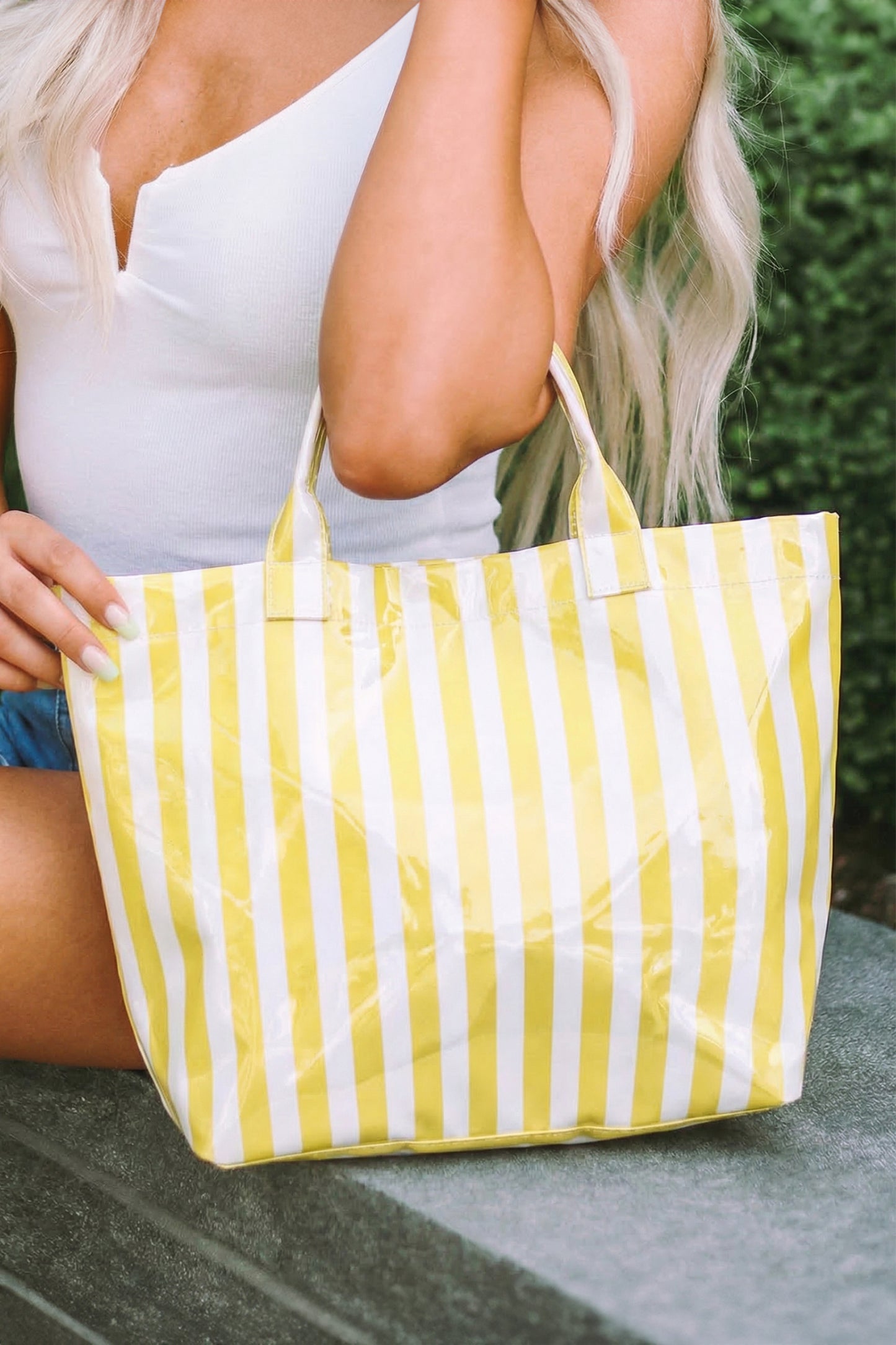 Rainbow Glossy Striped Vinyl Large Tote Bag