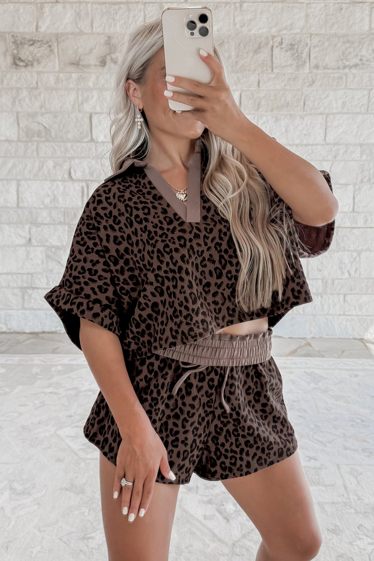 Khaki V Neck Collar Leopard Printed 2pcs Short Set