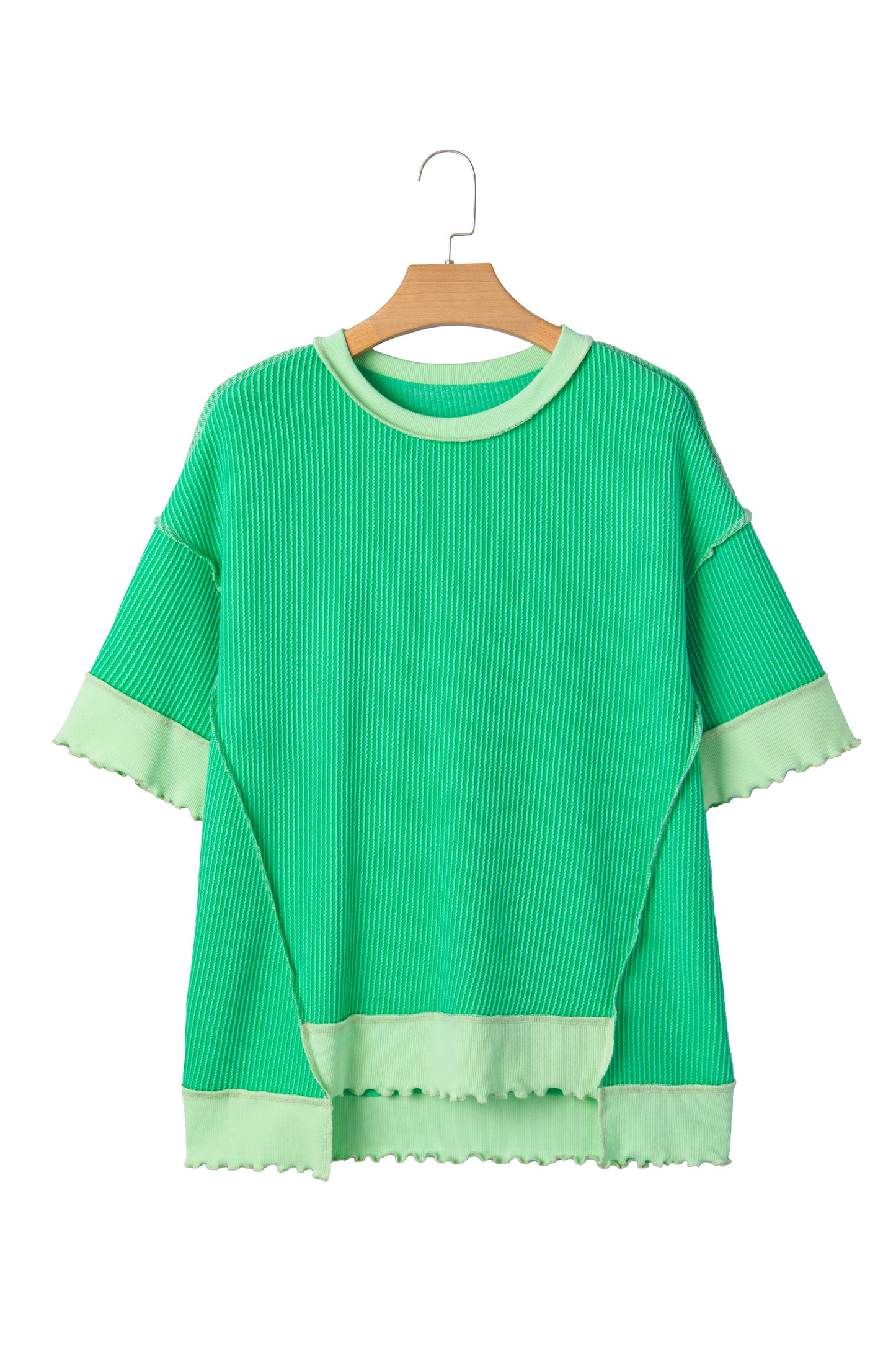 Mint Green Loose Uneven Hem Twist Ribbed T Shirt
