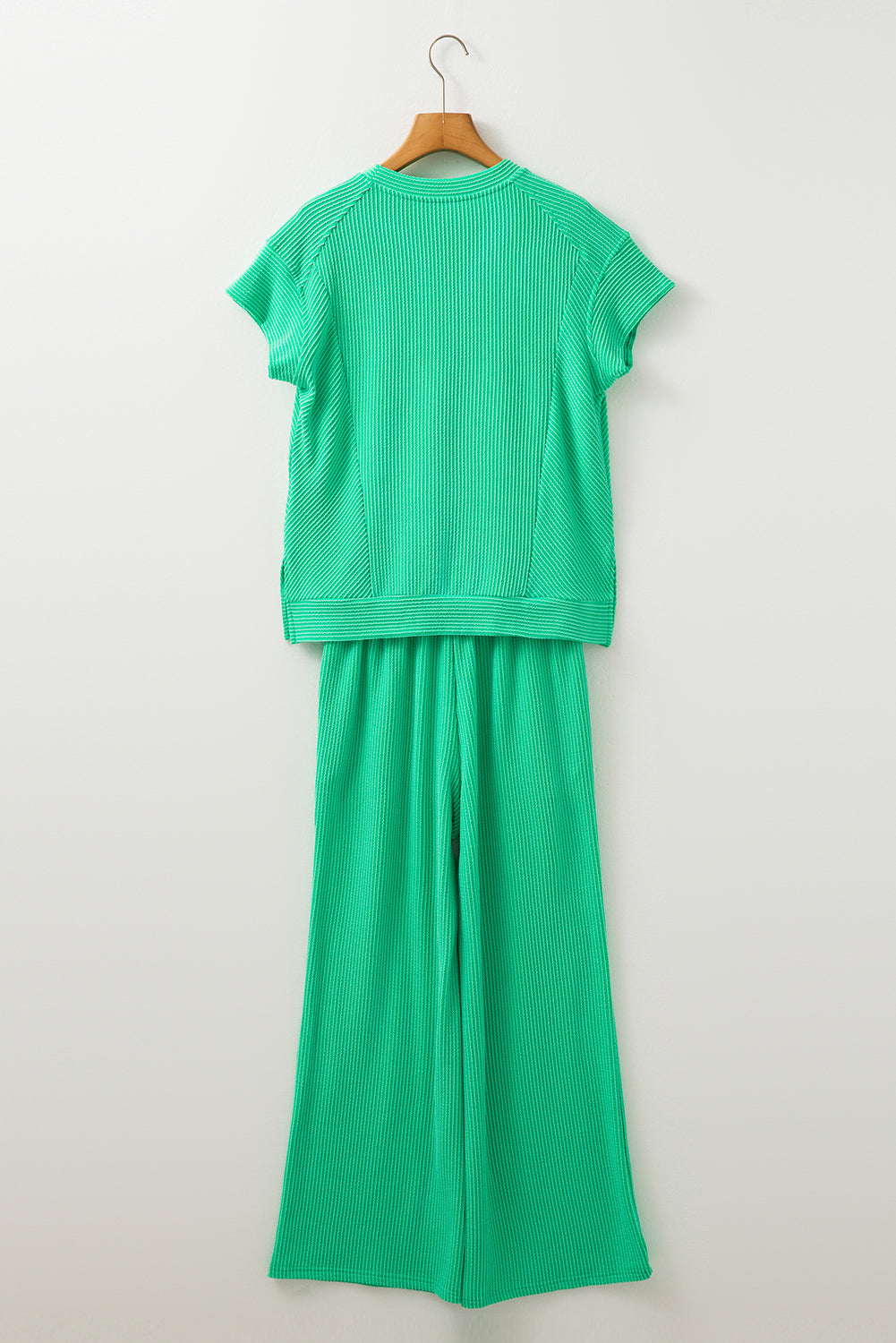 Bright Green Solid Corded T Shirt and Wide Leg Pants Set