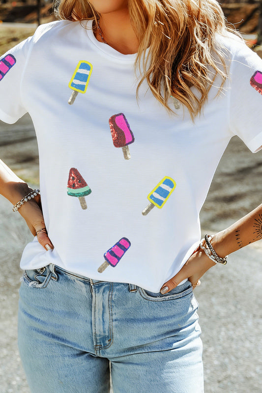 White Sequin Popsicle Graphic Casual T Shirt