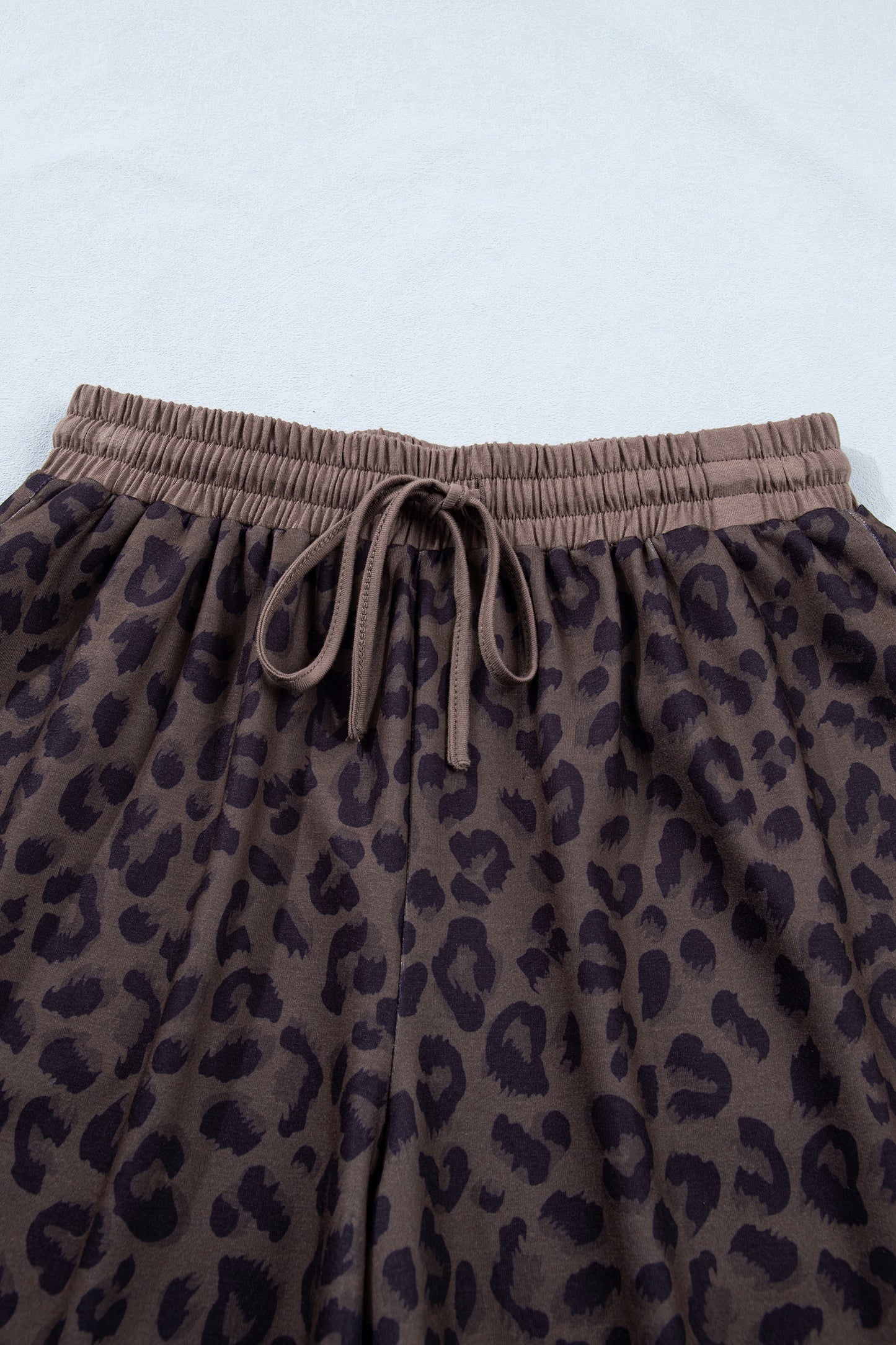 Khaki V Neck Collar Leopard Printed 2pcs Short Set