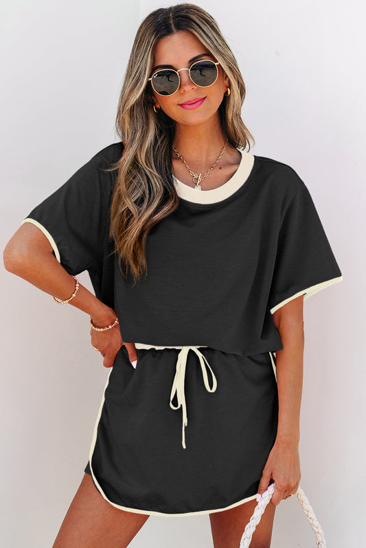 Black Colorblock Edge Drop Shoulder T Shirt and Skort 2Pcs Set