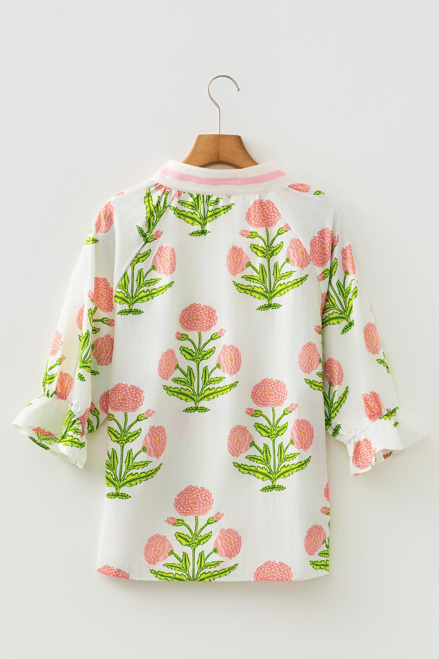 Green Casual Wild Flower Print V Neck 3/4 Sleeve Blouse