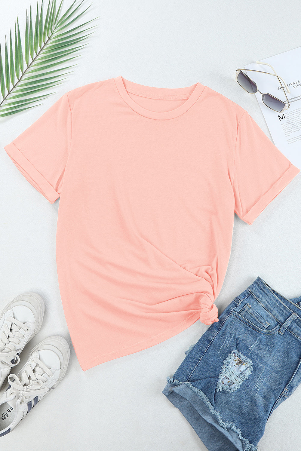 Sachet Pink Solid Color Basic Crew Neck Plain Tee