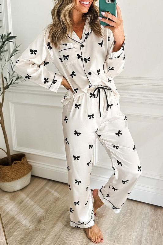 White Bows Print Drawstring Two Piece Pajama Set