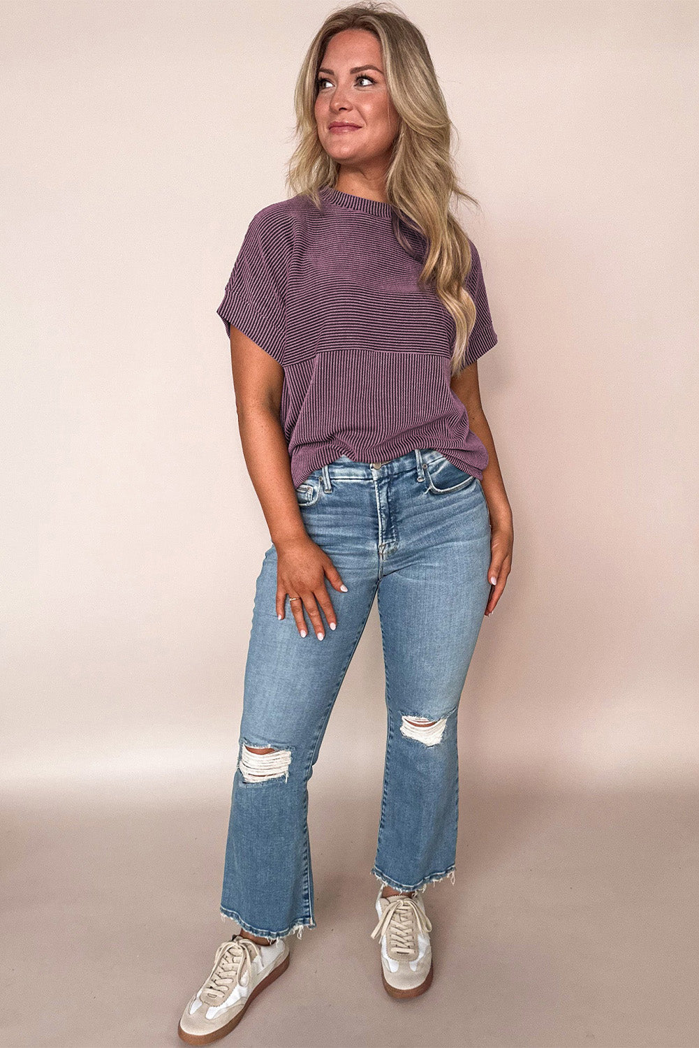 Bright Pink Plain Corded Mock Neck T Shirt