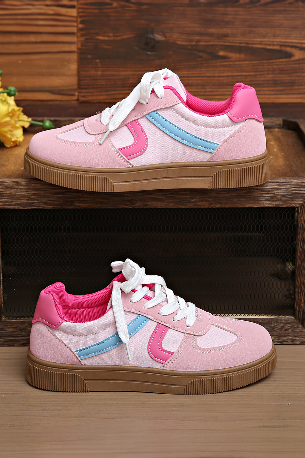 Rose Red Color Block Lace Up Sneakers