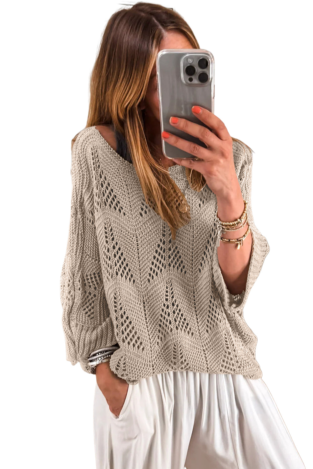 Seagrass Hollow Out Knit 3/4 Sleeve Loose Sweater