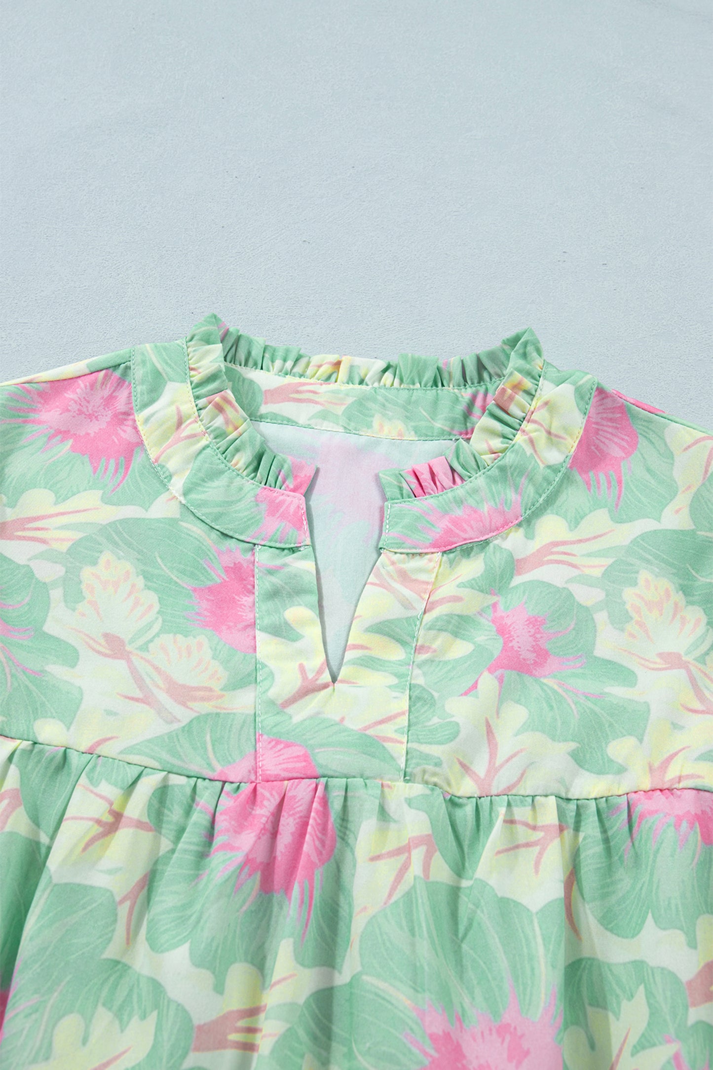 Pink Short Bubble Sleeve Summer Floral Blouse