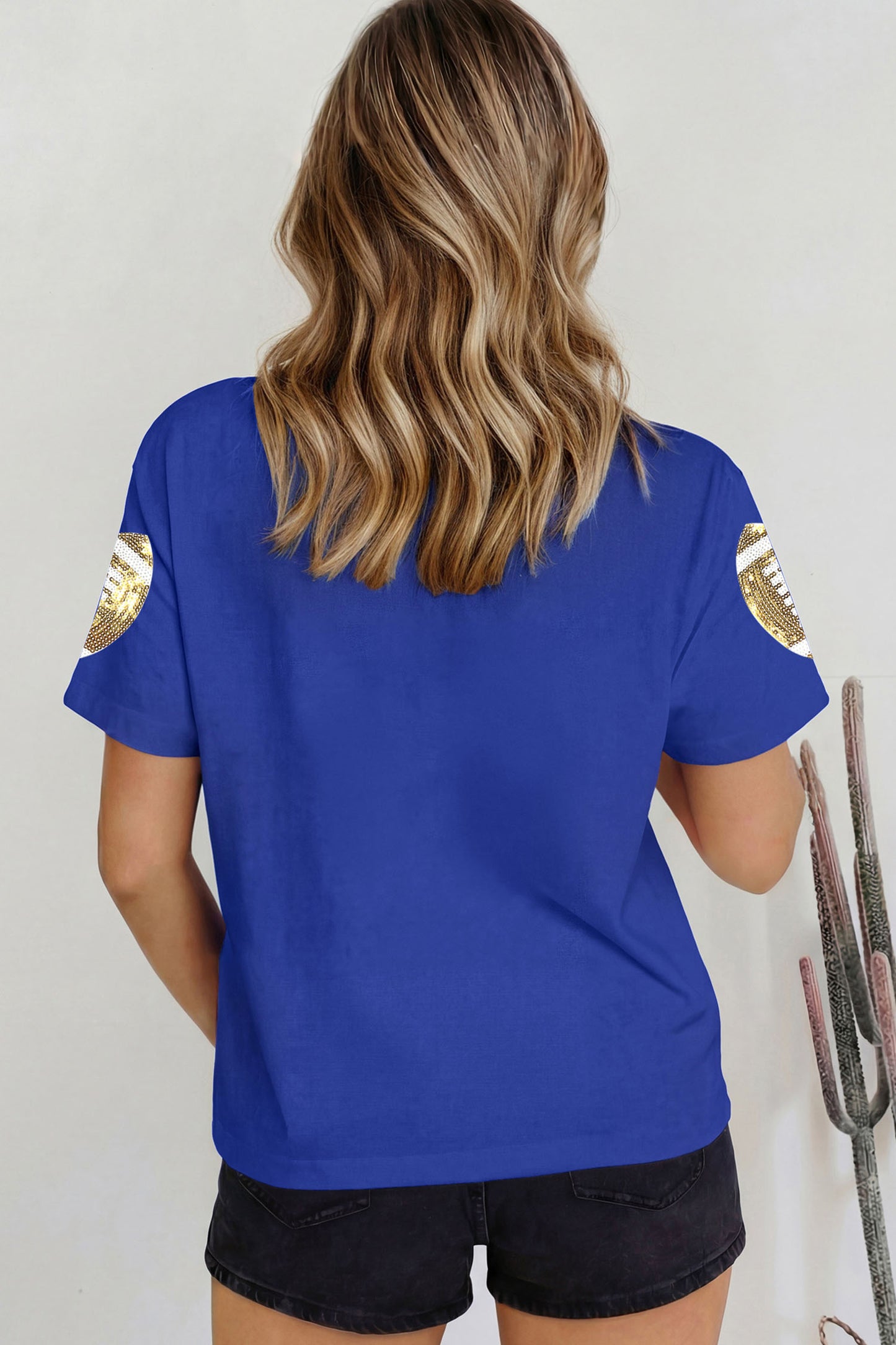 Dark Blue Sequin Rugby Pattern High Neck Game Day Shift T-Shirt