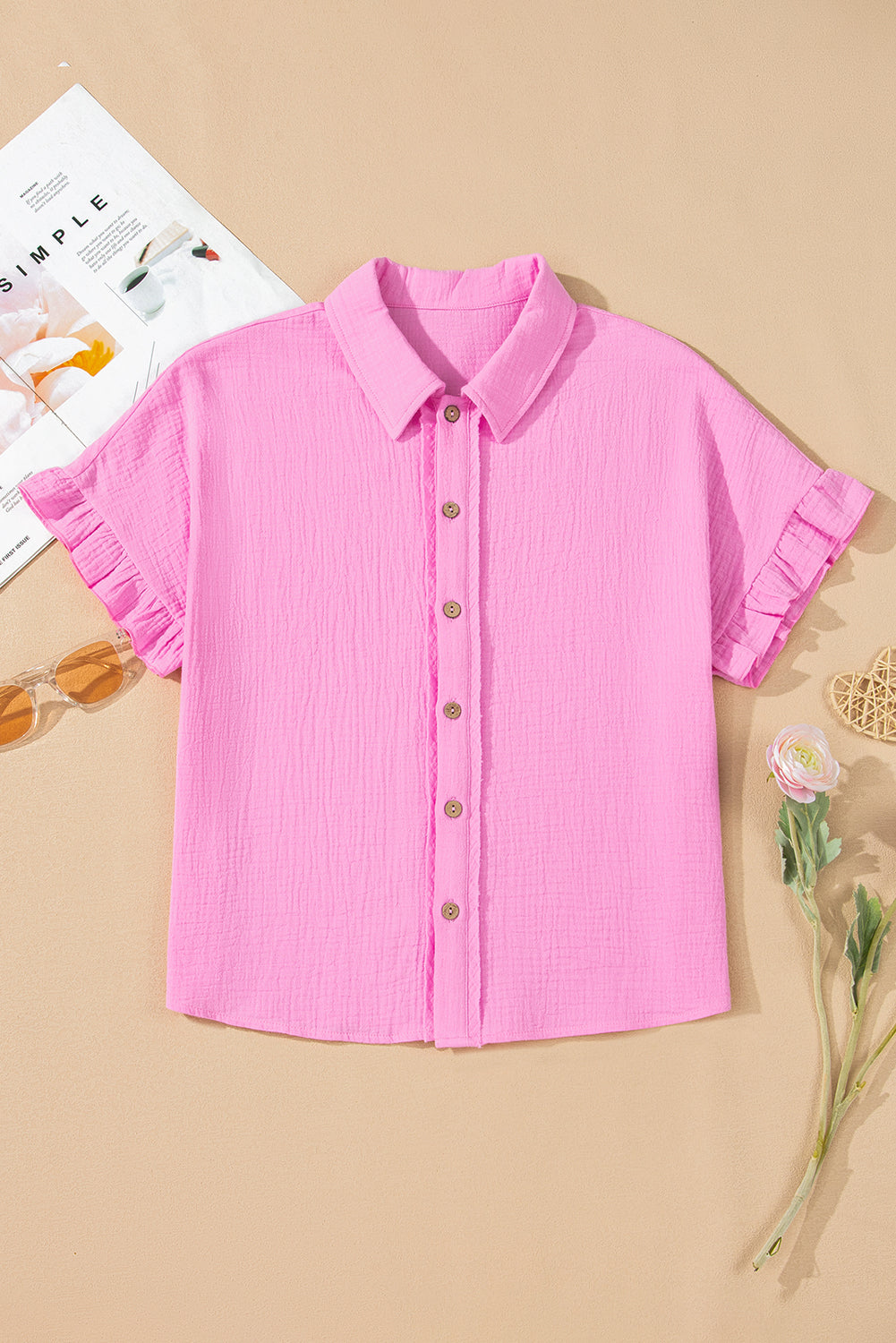 Bonbon Textured Ruffle Trim Short Sleeve Shirt