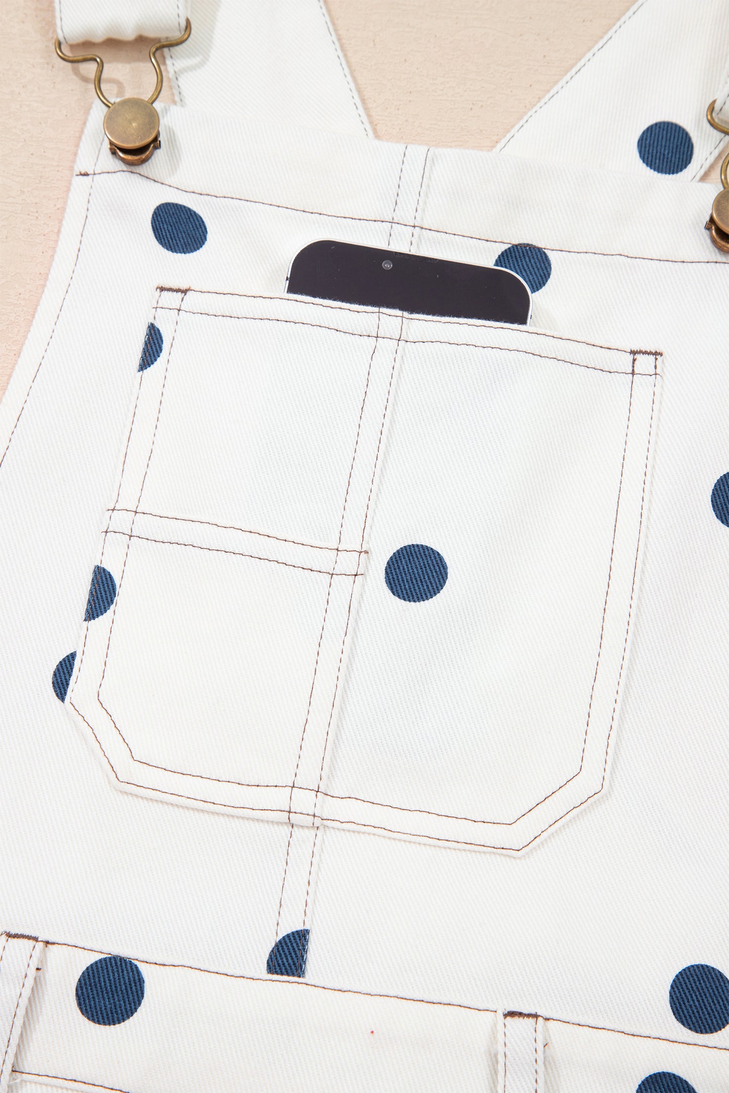 Light French Beige Polka Dot Print Bib Pocket Denim Barrel Overalls Jumpsuit
