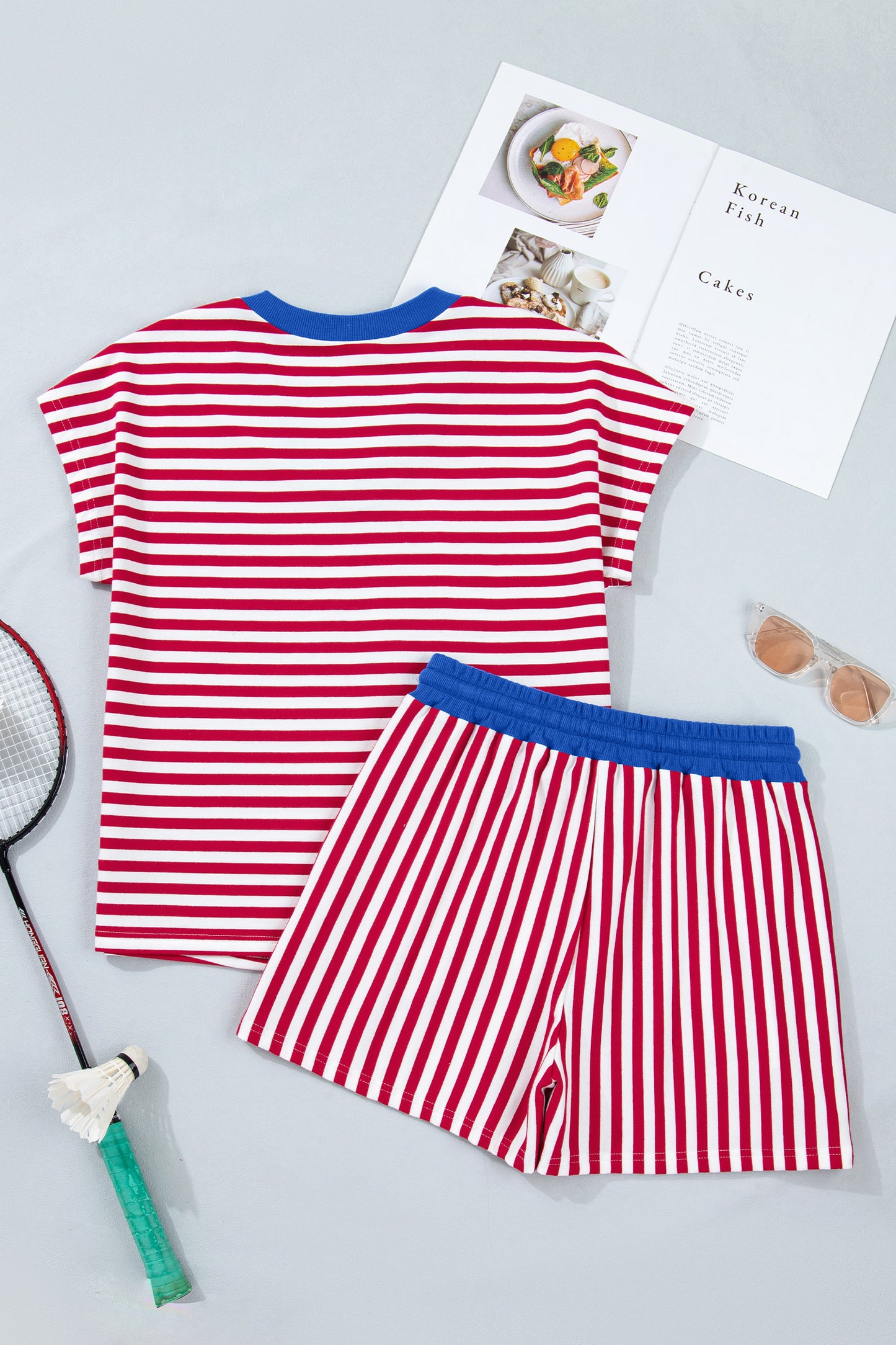Yellow Stripe Colorblock Trim V Neck Tee Drawstring Elastic Waist Short Set
