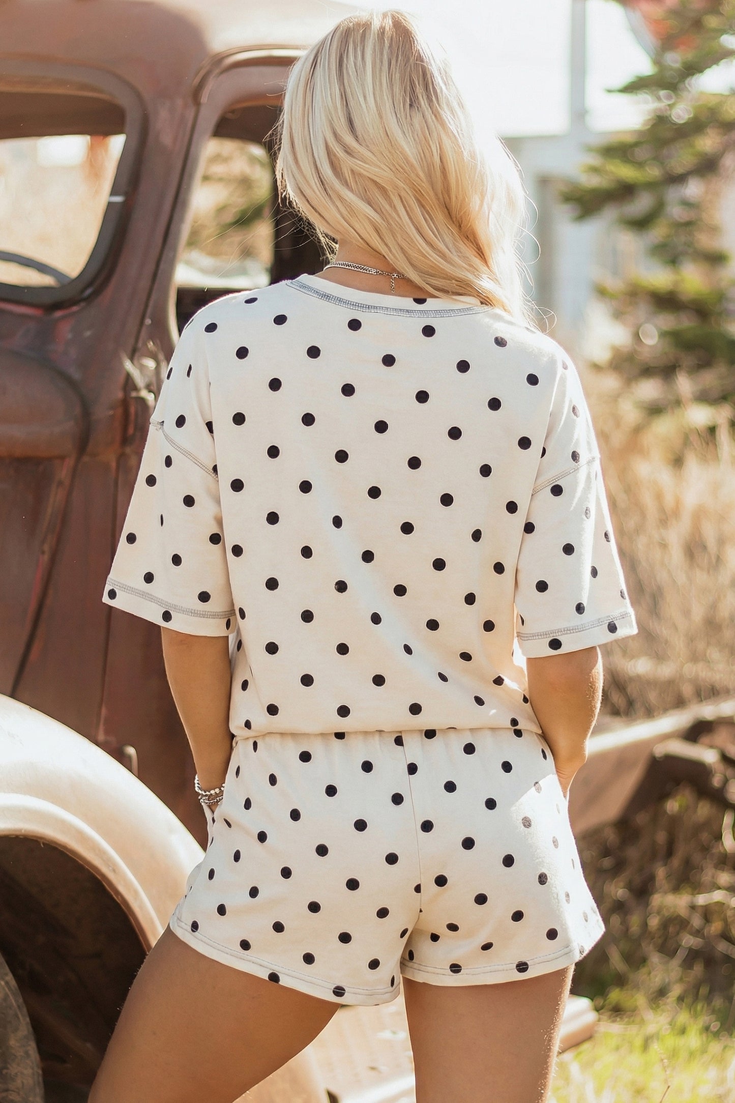 Yellow Exposed Seam Detail Polka Dot Loose Tee Drawstring Shorts Set