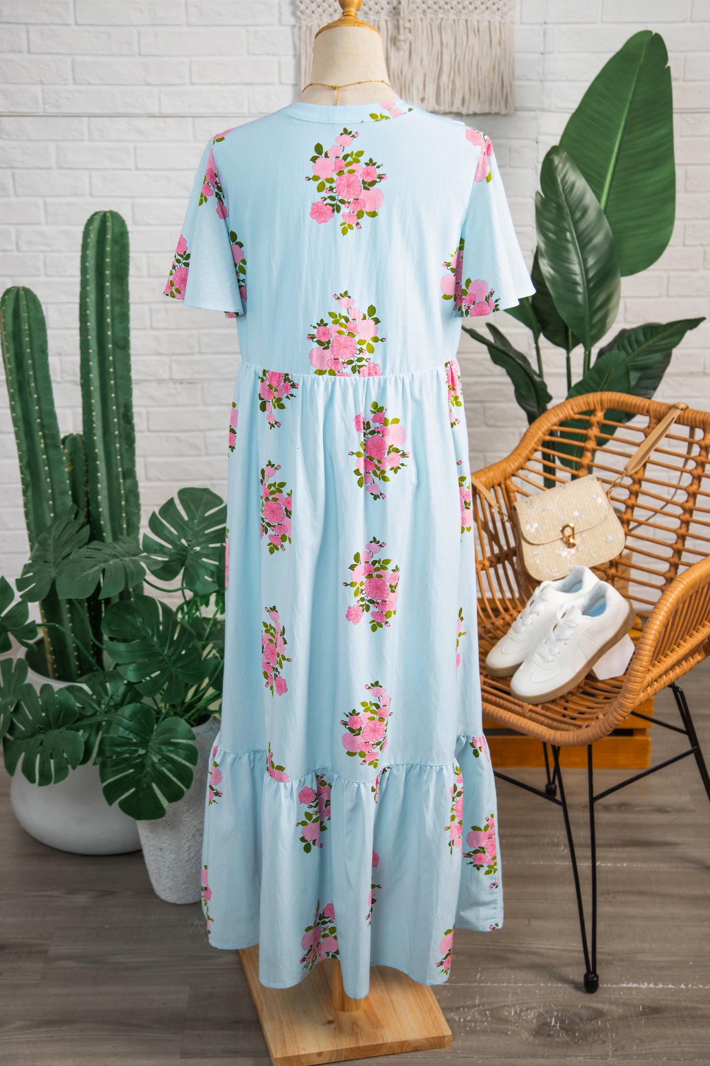 Pink Notched Neck Flutter Short Sleeve Floral Print Maxi Dress