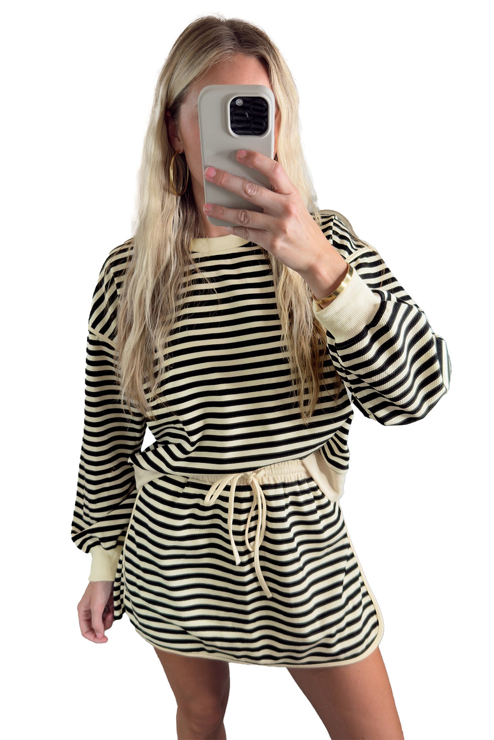 Black Stripe Textured Drop Shoulder Pullover Top Drawstring Mini Skort Two Piece Dress Set