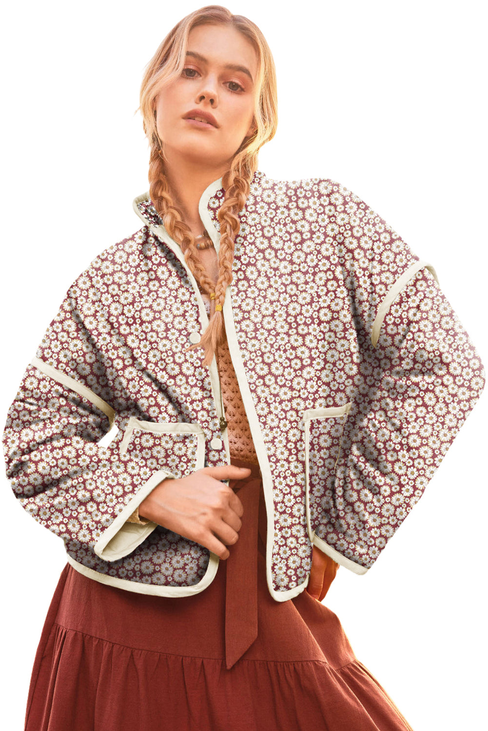 Pink Paisley Print Contrast Edge Pocketed Stand Neck Coat