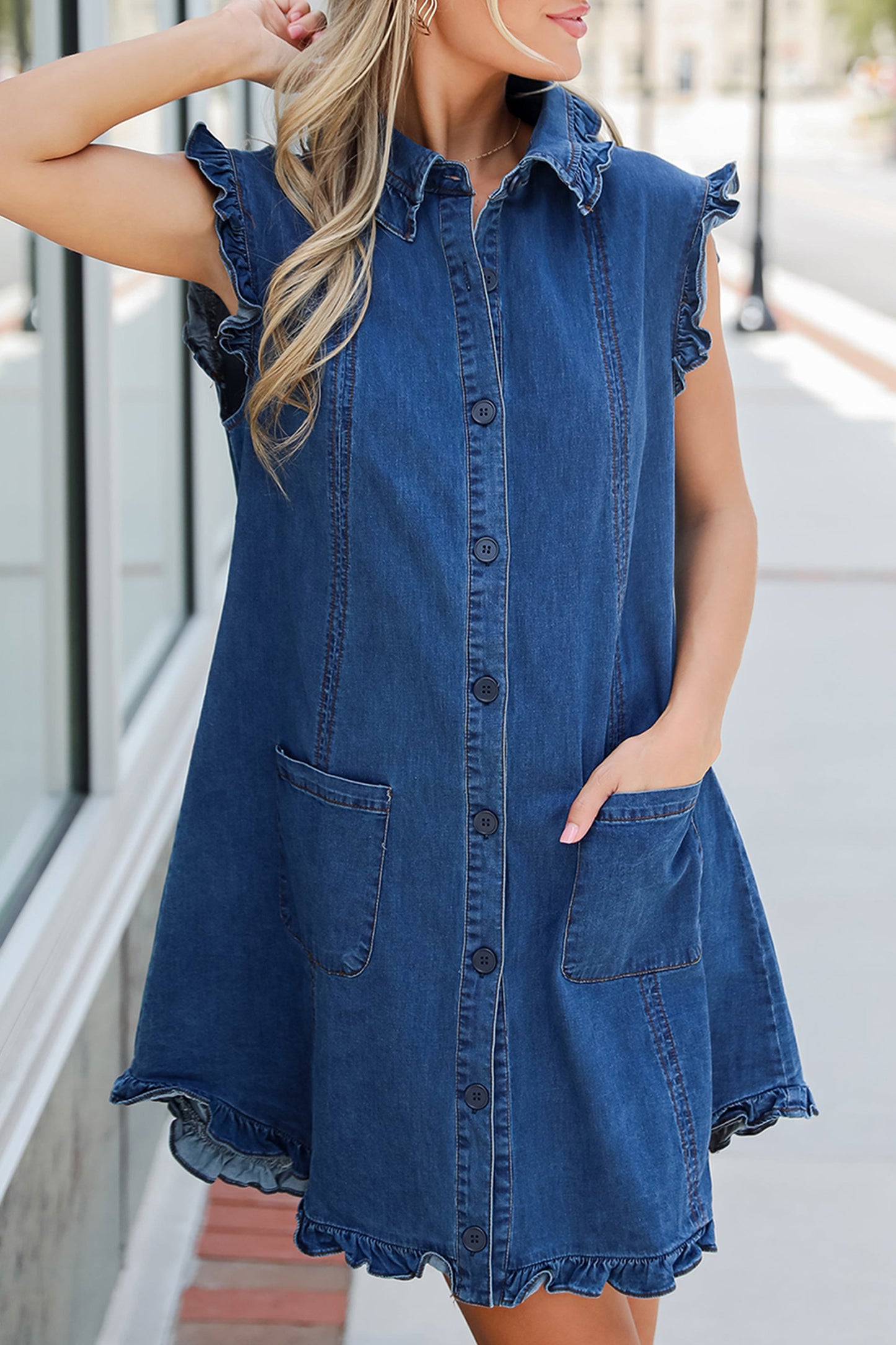 Beau Blue Ruffled Edge Collared Shift Denim Dress with Pockets