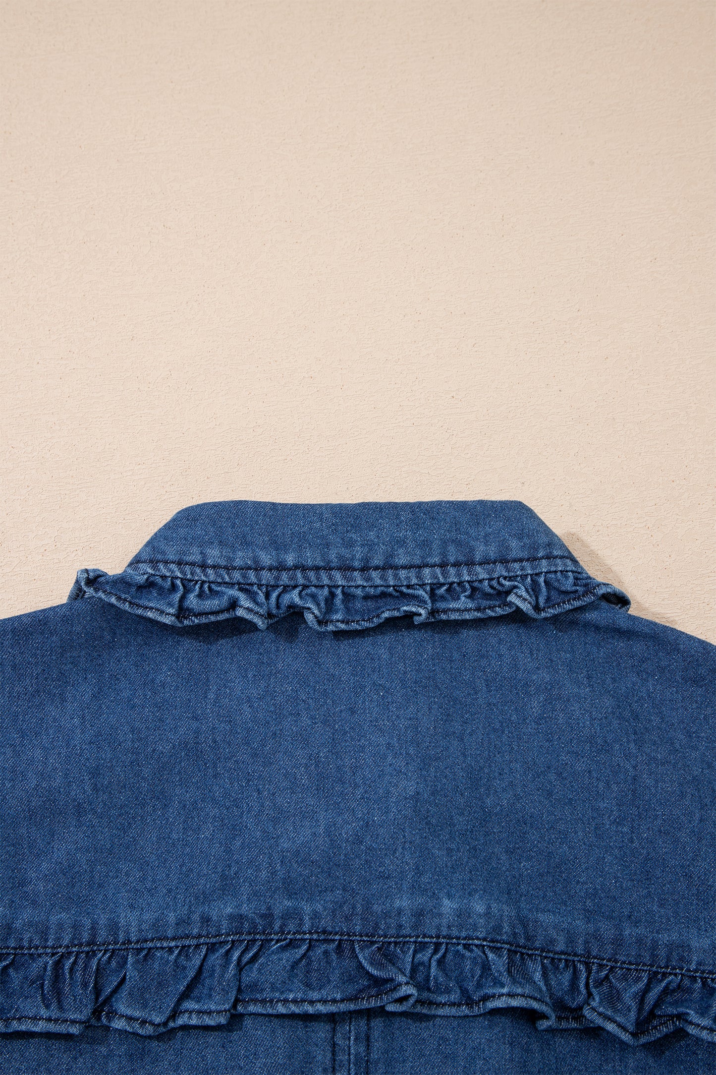 Beau Blue Ruffled Edge Collared Shift Denim Dress with Pockets