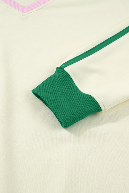 Beige Ribbed Colorblock Trim V Neck Sporty Pullover Mini Skort 2pcs Athleisure Set