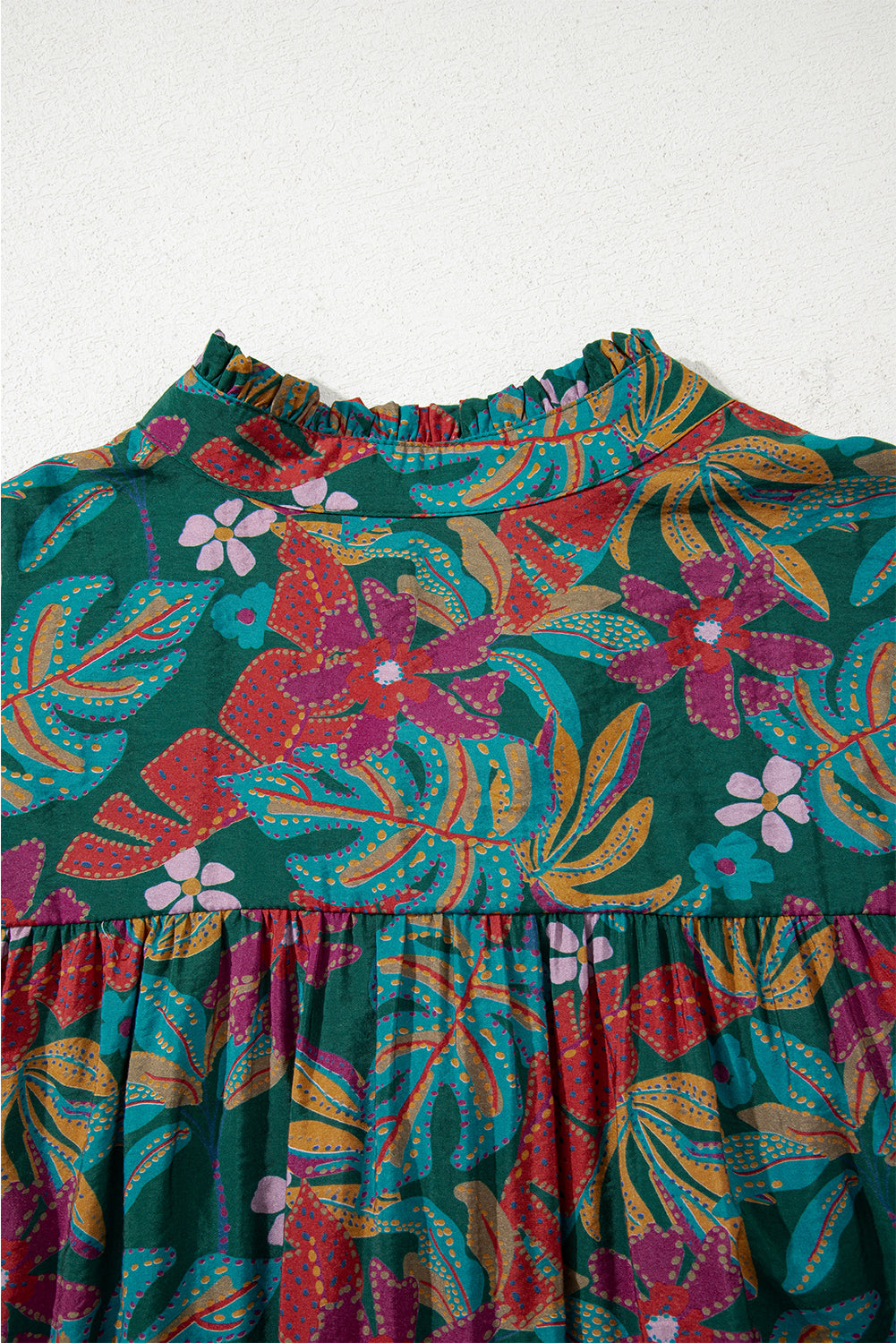 Green Floral Frill V Neck Puff Sleeve Ruffle Mini Dress