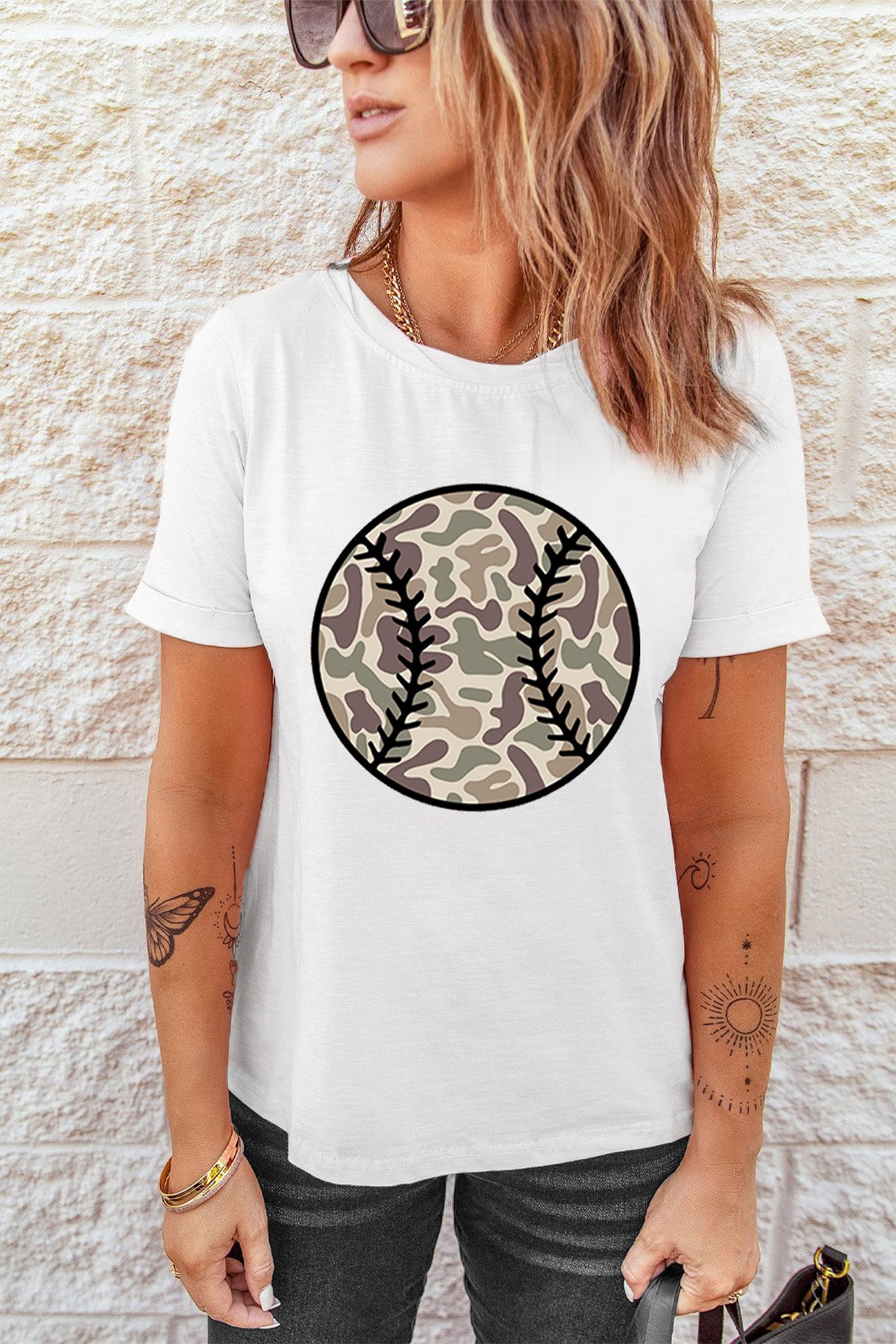 White Camouflage Baseball Womens Casual Tee