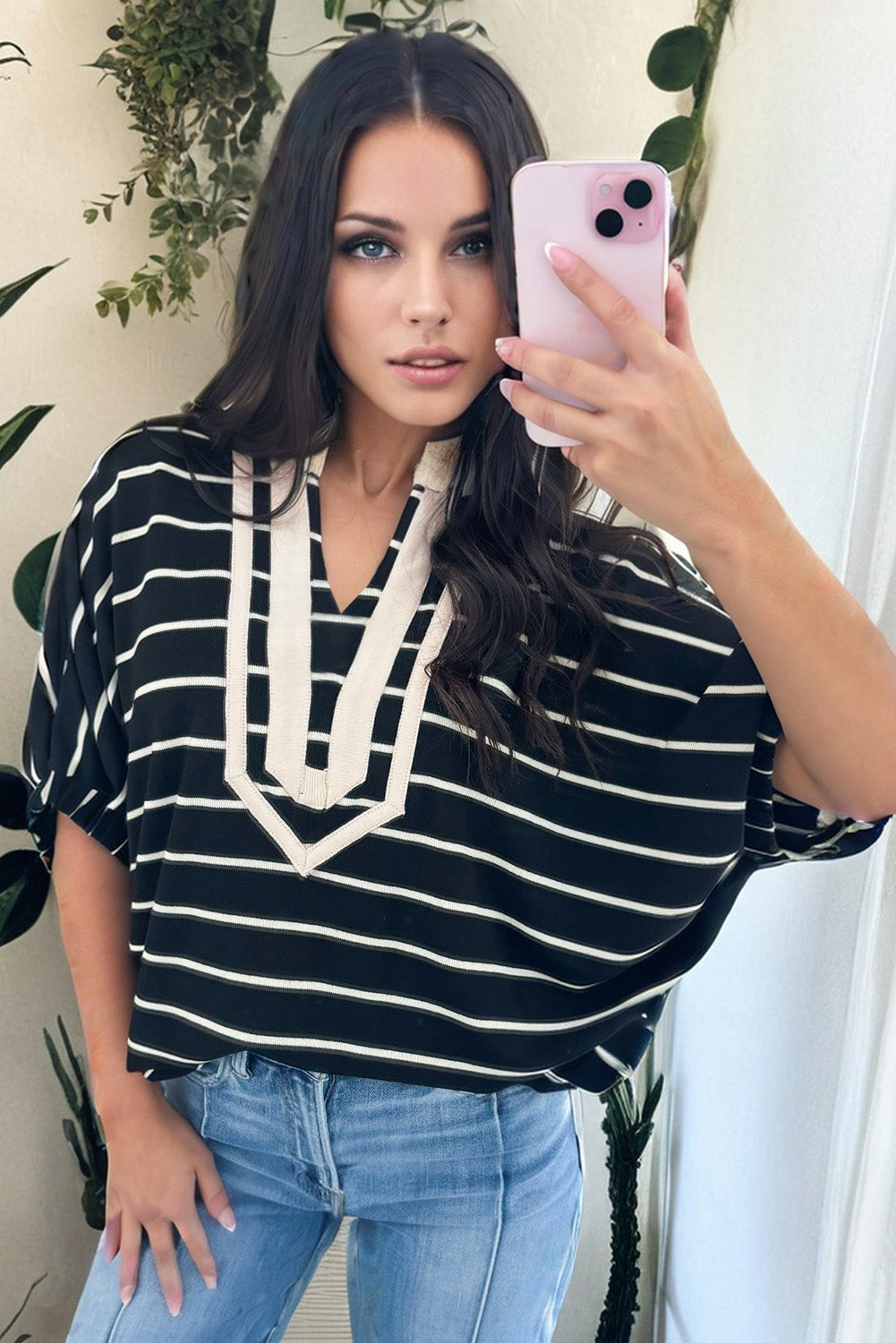 White Stripe Stand Collar V Neck Elastic Cuffs Half Sleeve Dolman Top