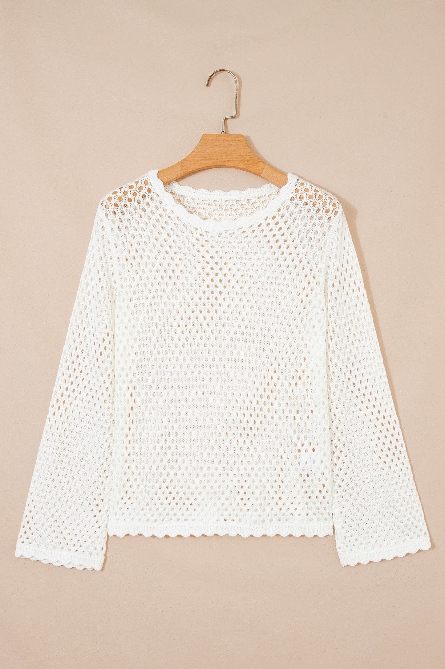 Yellow Cream Scalloped Trim Hollow Out Knit Long Sleeve Top
