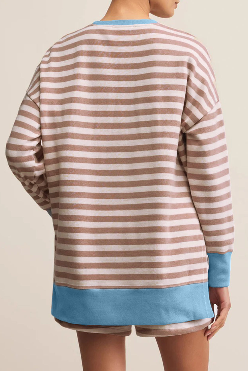 Khaki Striped Contrast Edge Drop Shoulder Pullover and Shorts Plus Size Set