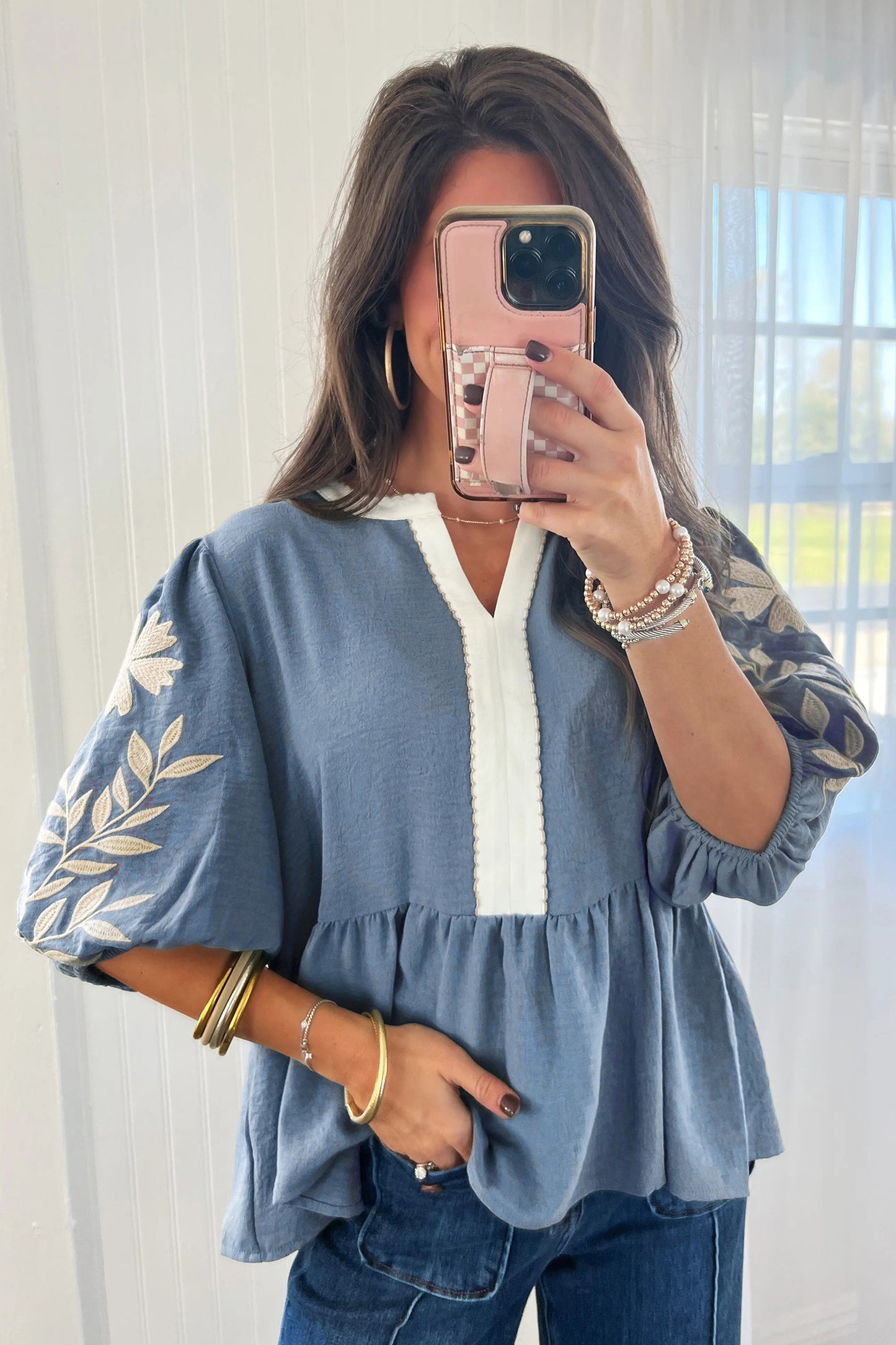 Smoke Green Color Block Patchwork V Neck Embroidered Puff Sleeve Babydoll Blouse