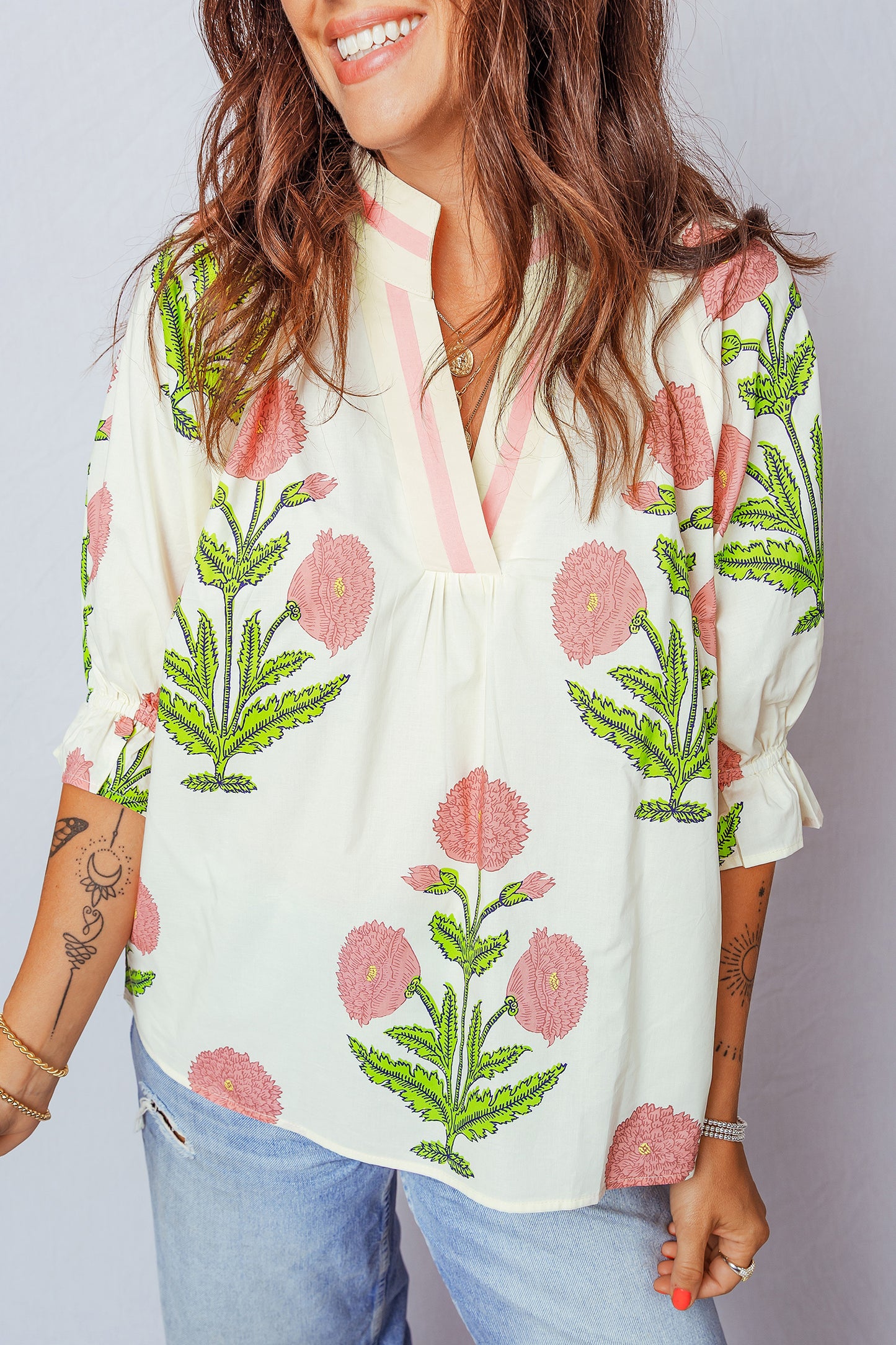 Green Casual Wild Flower Print V Neck 3/4 Sleeve Blouse