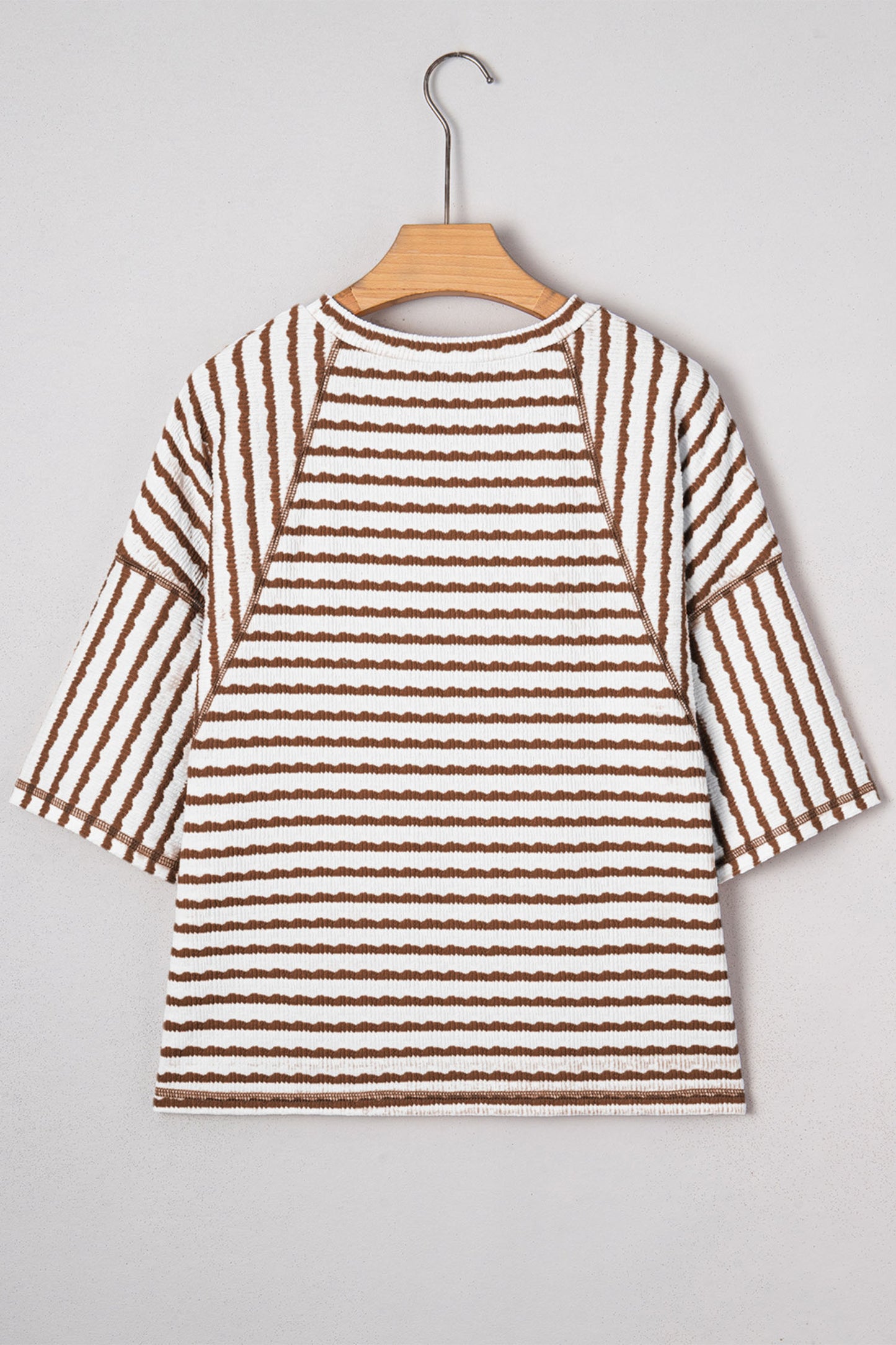 Blue Stripe Textured Knit Split Hem Half Sleeve Loose Top