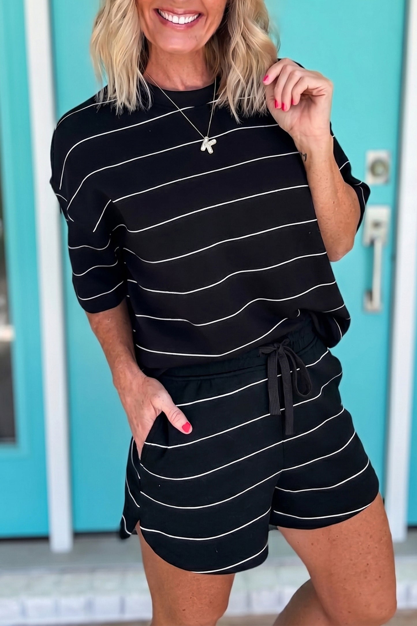 Black Stripe Half Sleeve Tee Drawstring Shorts 2pcs Set